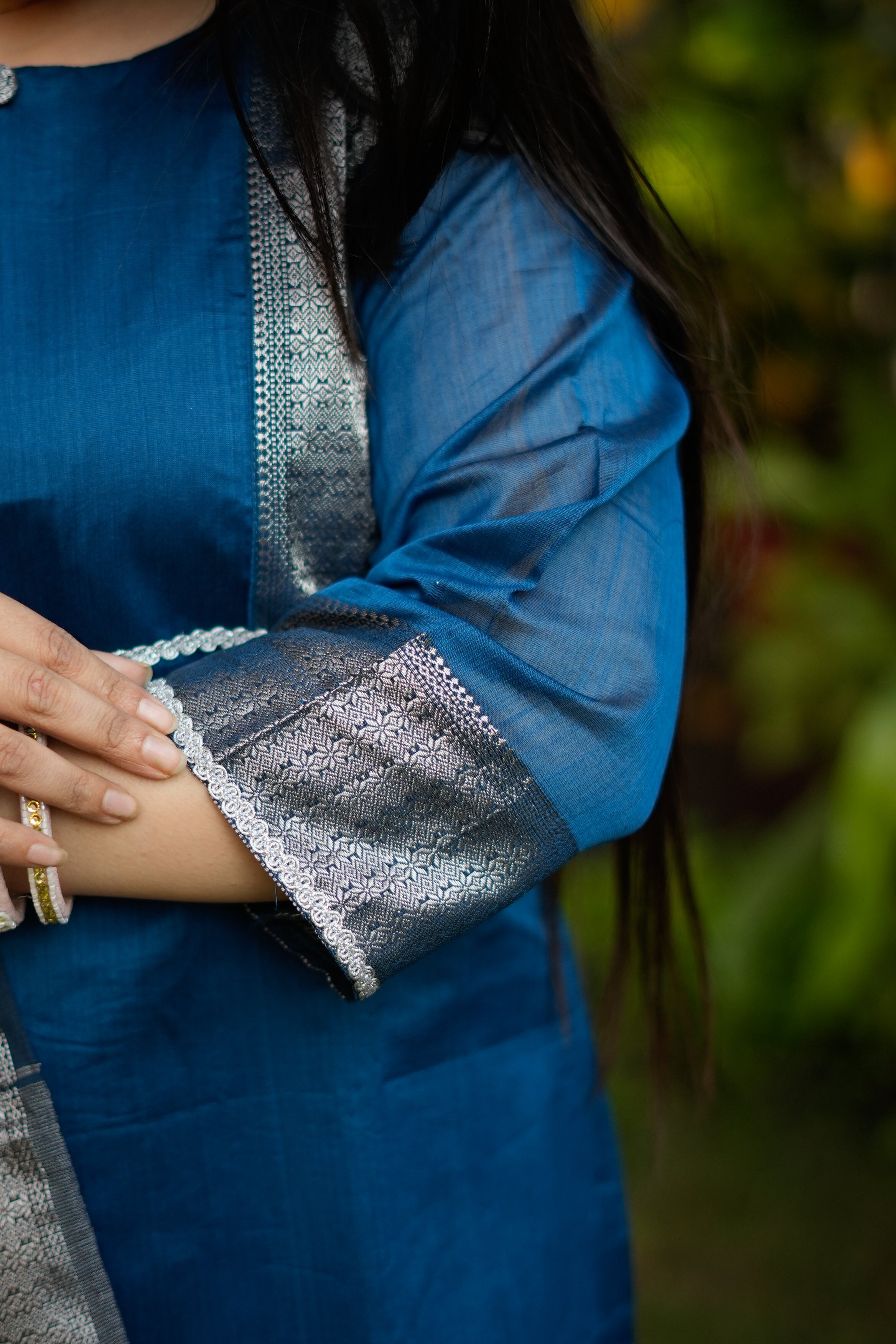 Royal Blue & Silver Maheshwari Tissue Kurta & Dupatta