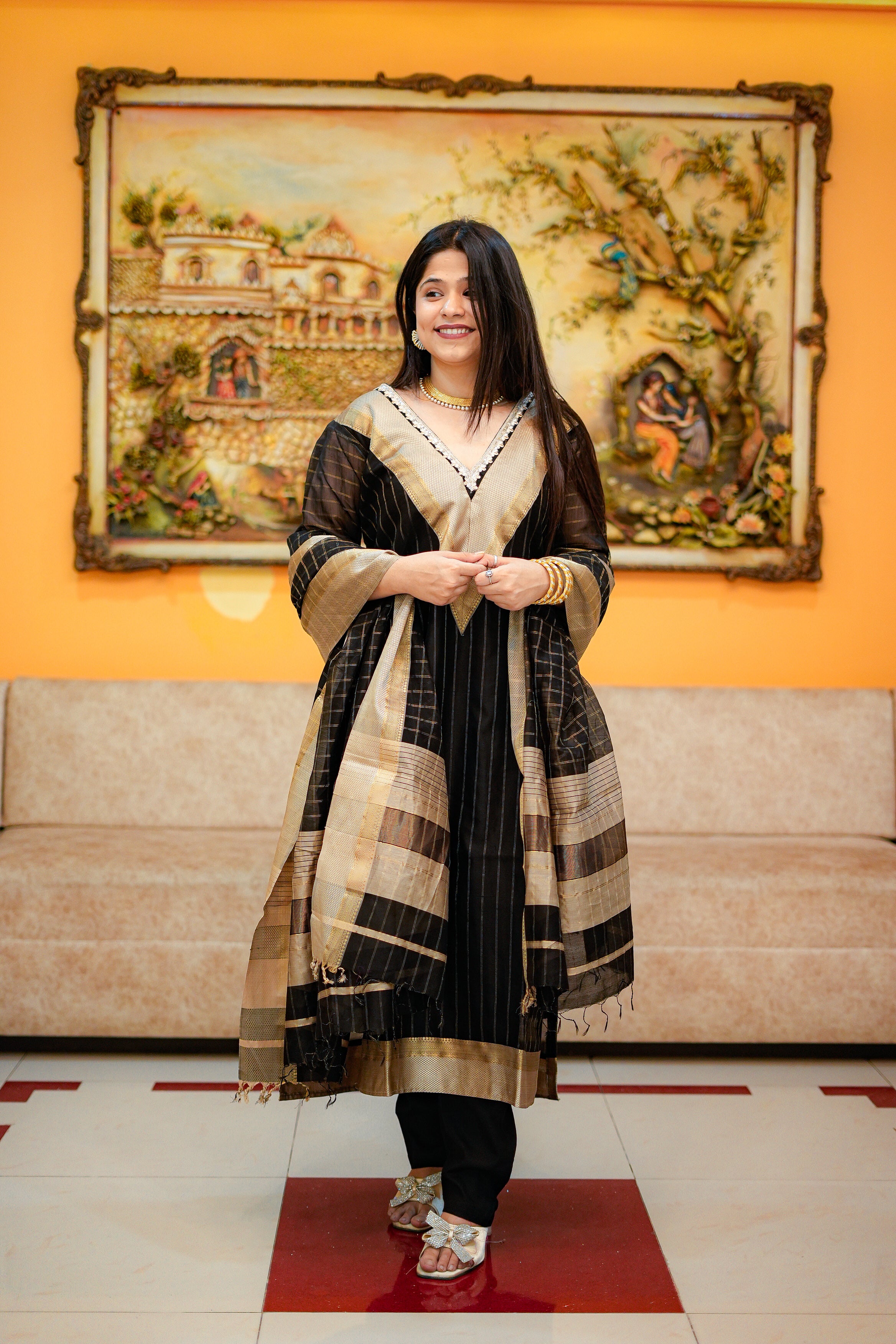 Black & Gold Maheshwari Kurta & Dupatta Set