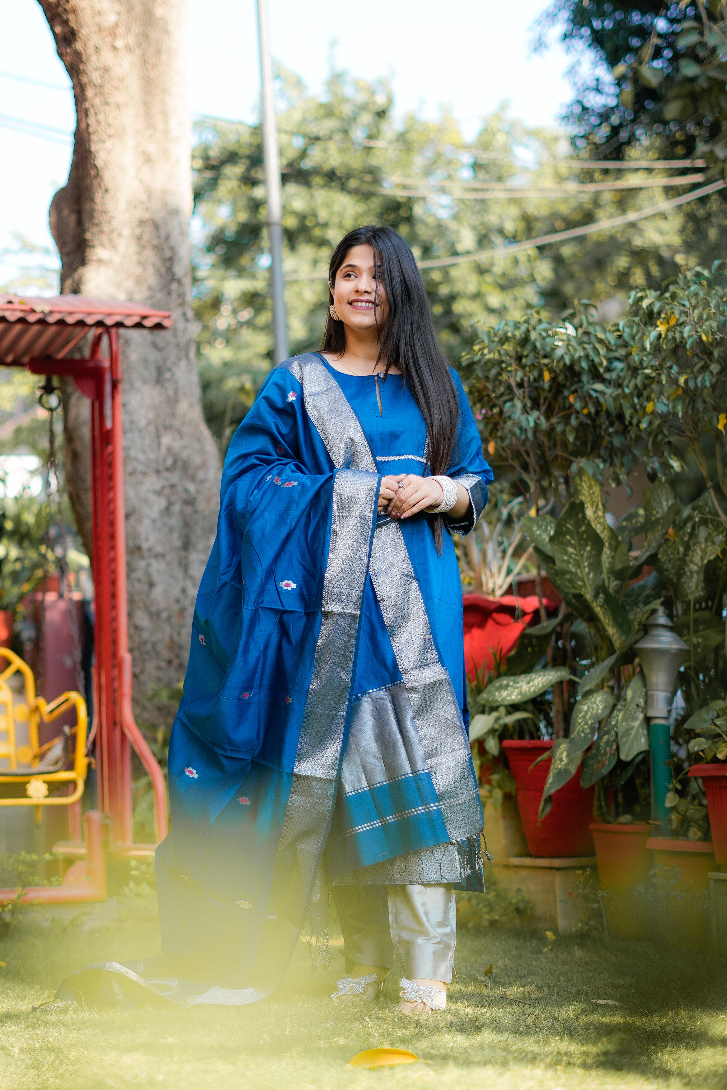 Royal Blue & Silver Maheshwari Tissue Kurta & Dupatta