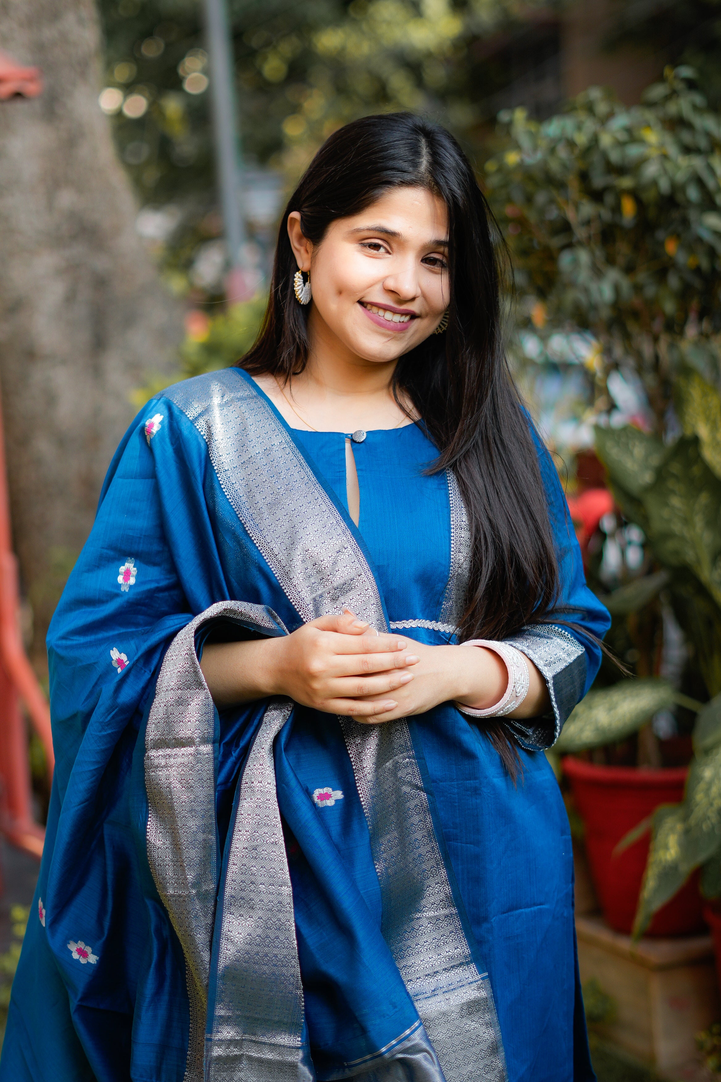Royal Blue & Silver Maheshwari Tissue Kurta & Dupatta
