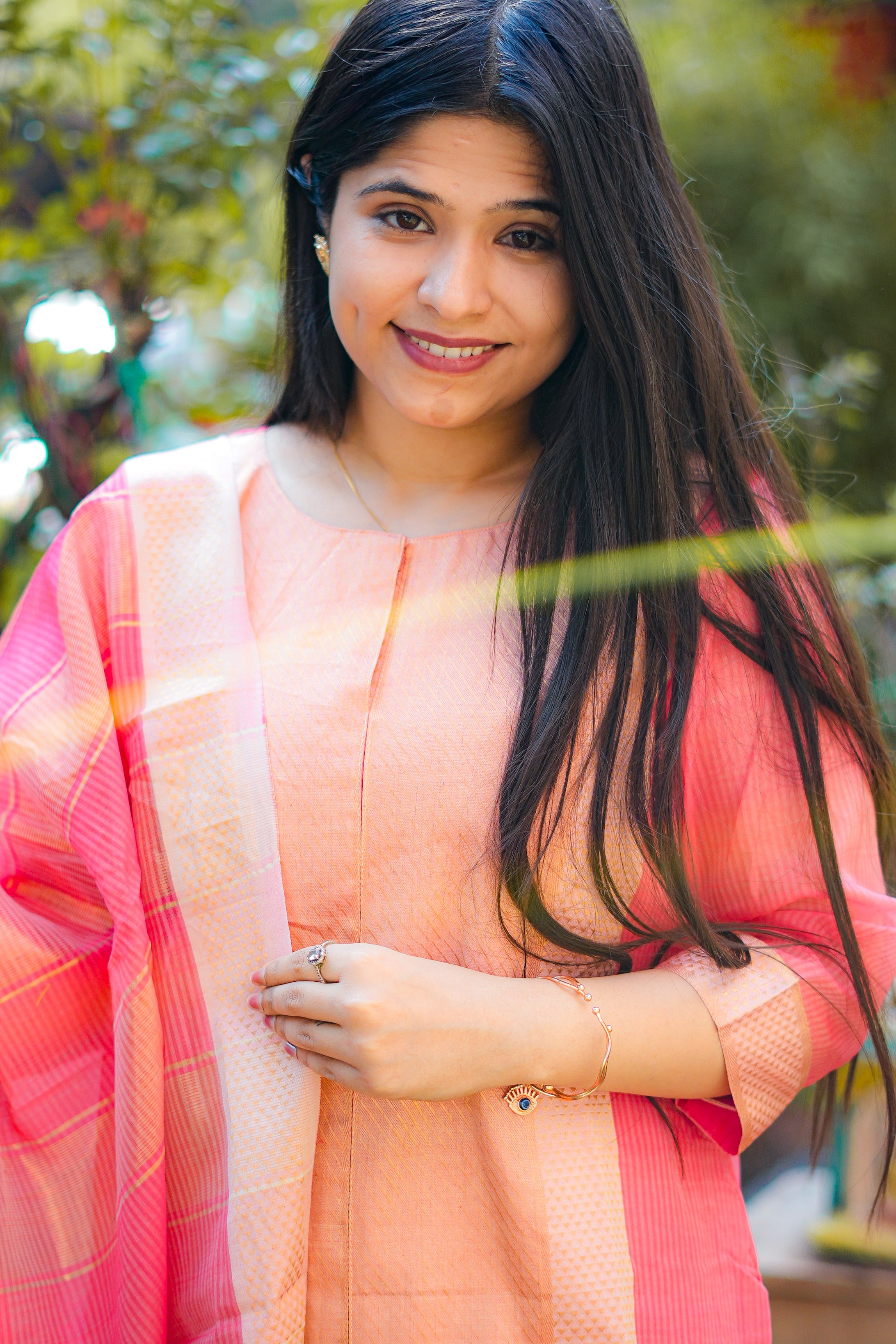 Pink Peach Maheshwari Kurta & Dupatta