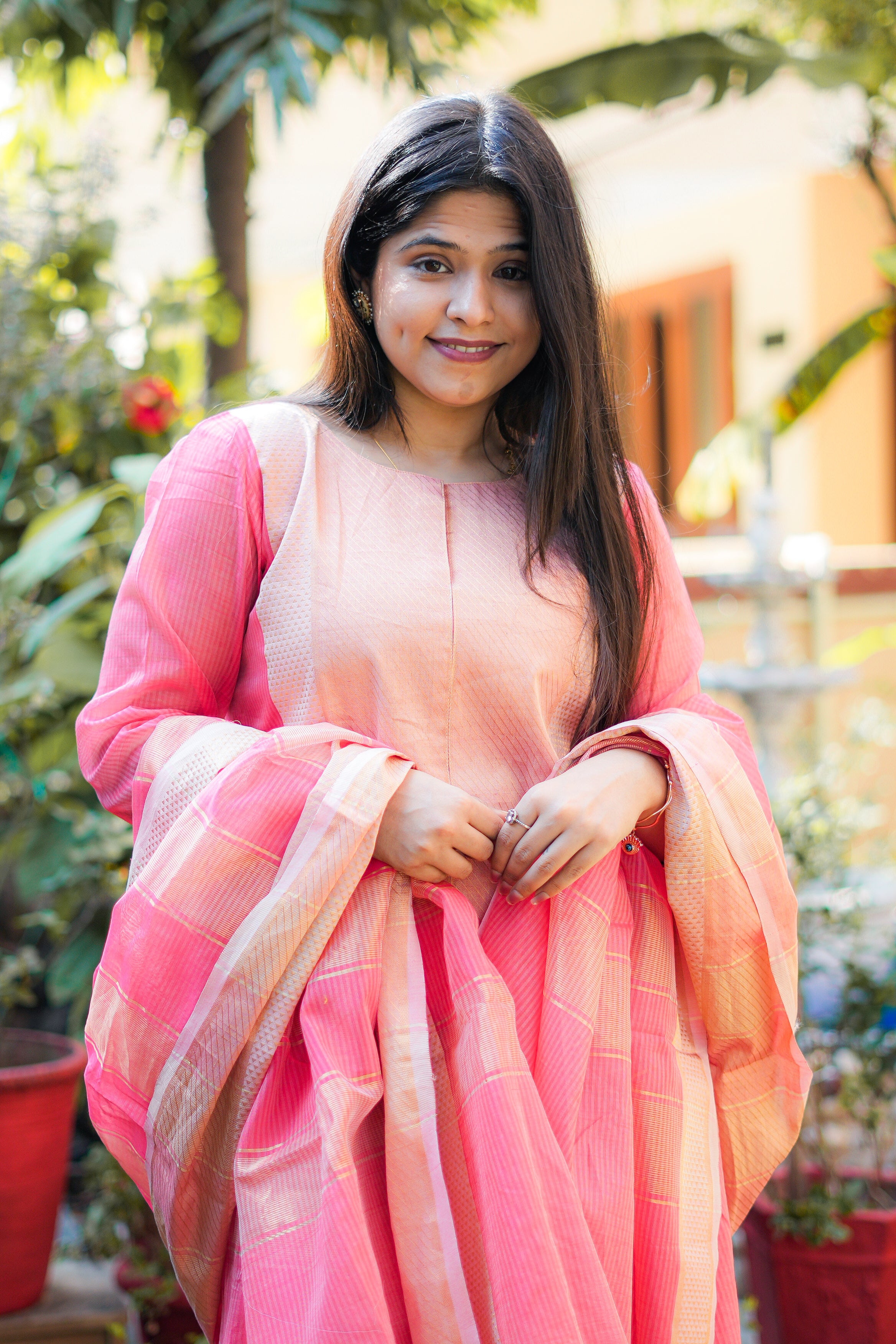 Pink Peach Maheshwari Kurta & Dupatta