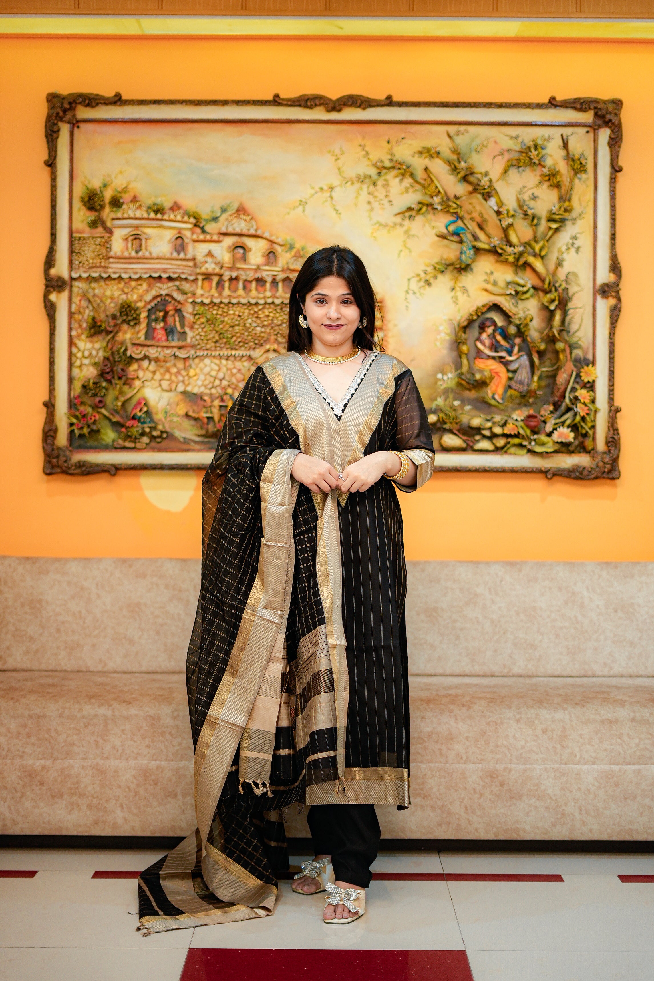 Black & Gold Maheshwari Kurta & Dupatta Set