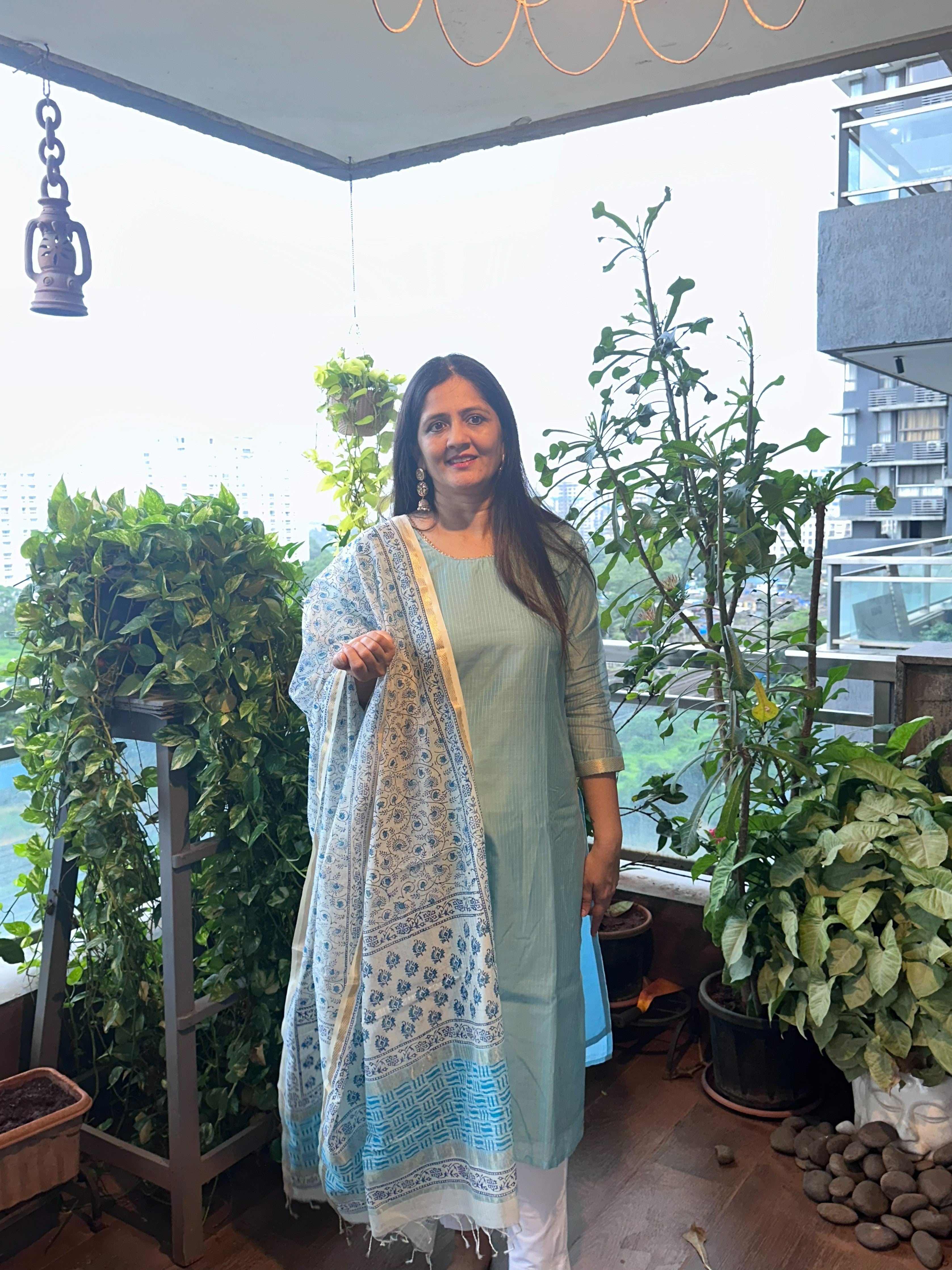 Sky Blue Kurta and Block Printed Dupatta