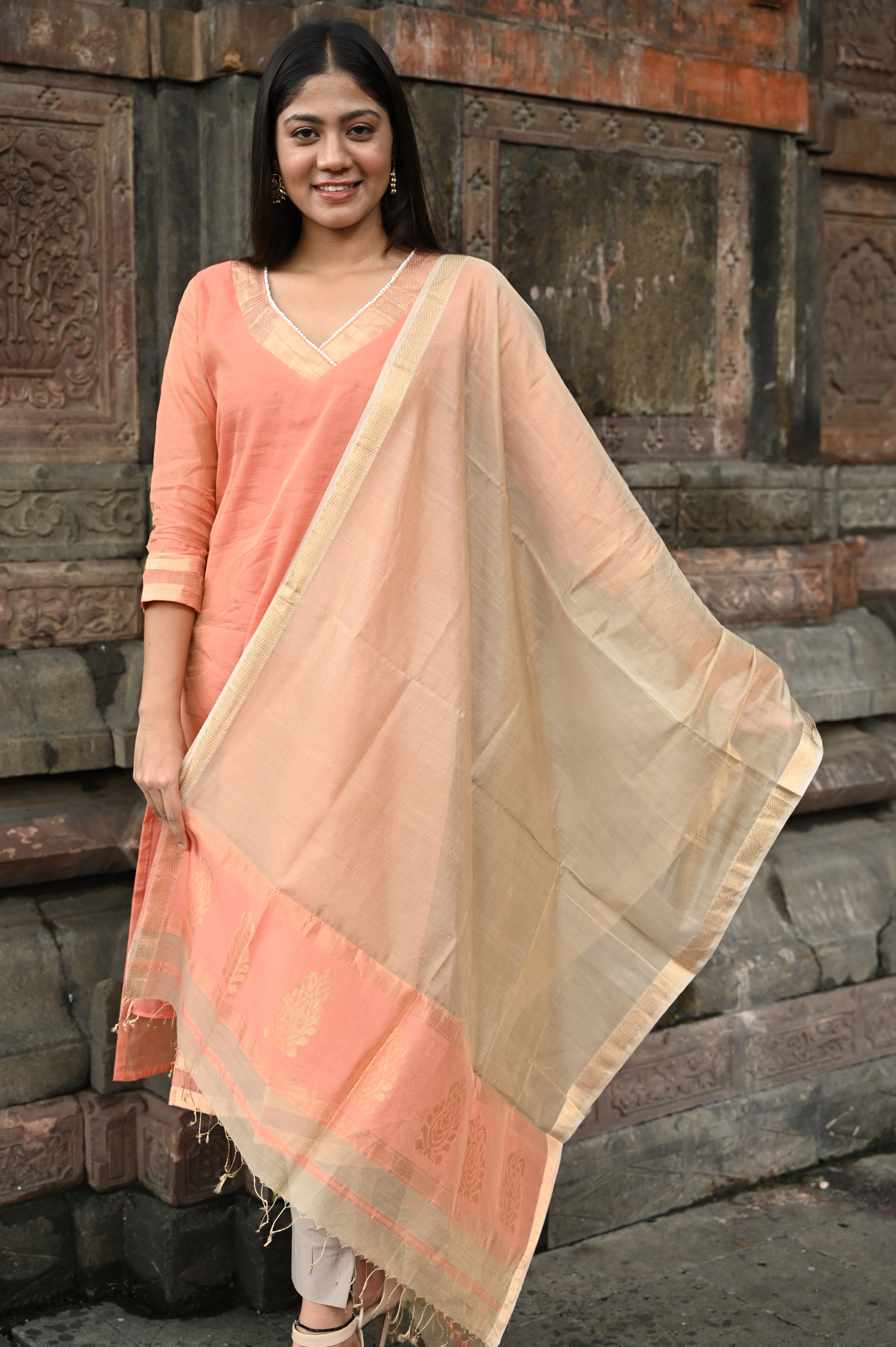 Peach Tissue Kurta with Beige Dupatta