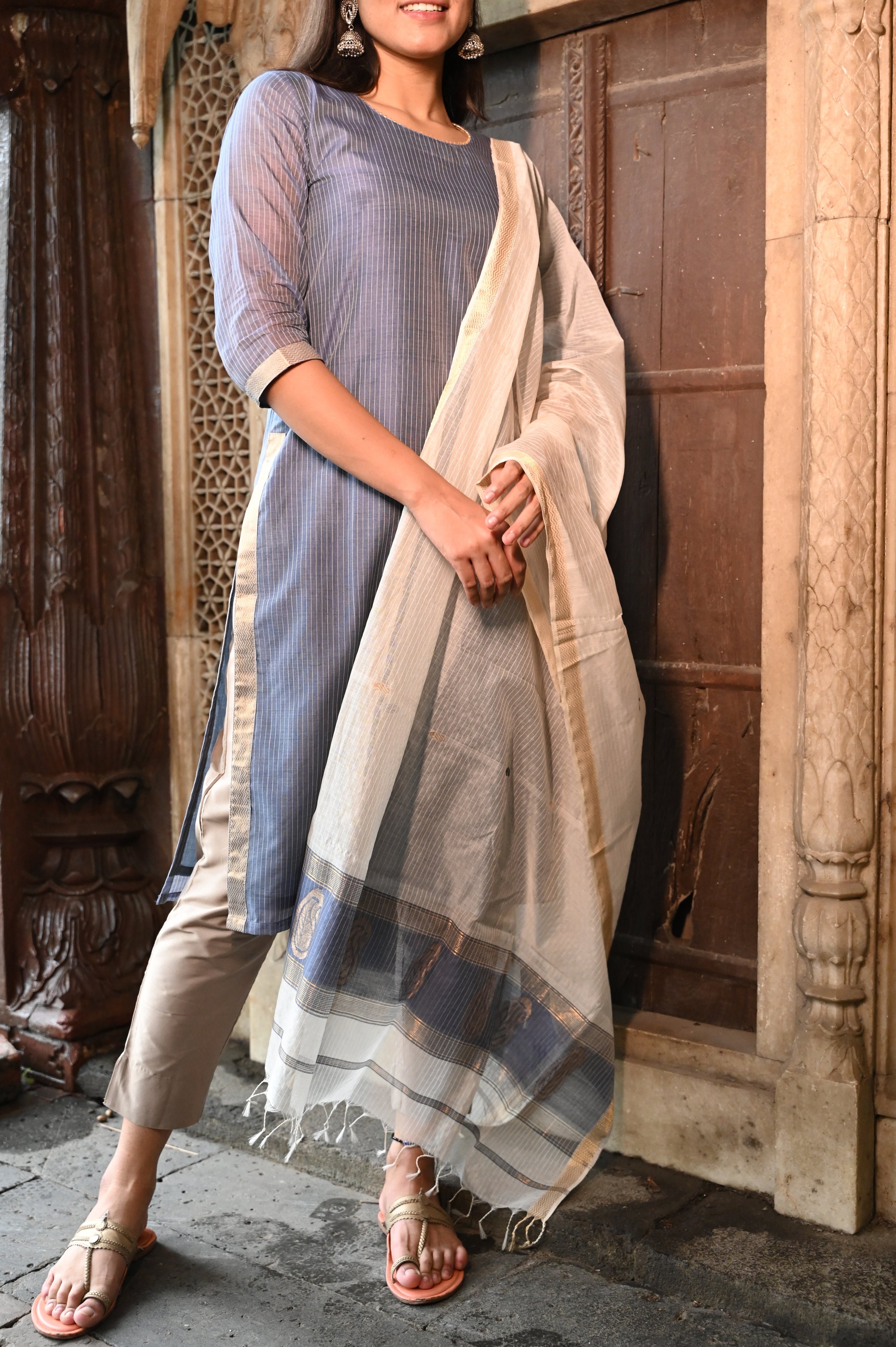 Grey Kurta and Off White Dupatta Set