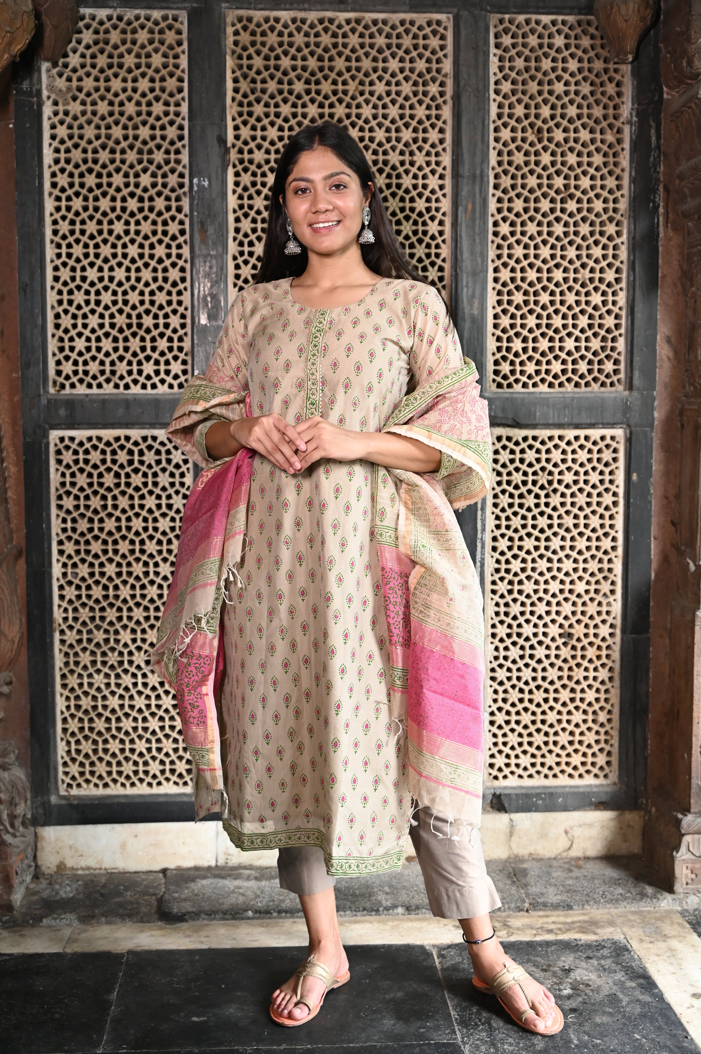 Light Brown Kurta and Dupatta with Block Prints