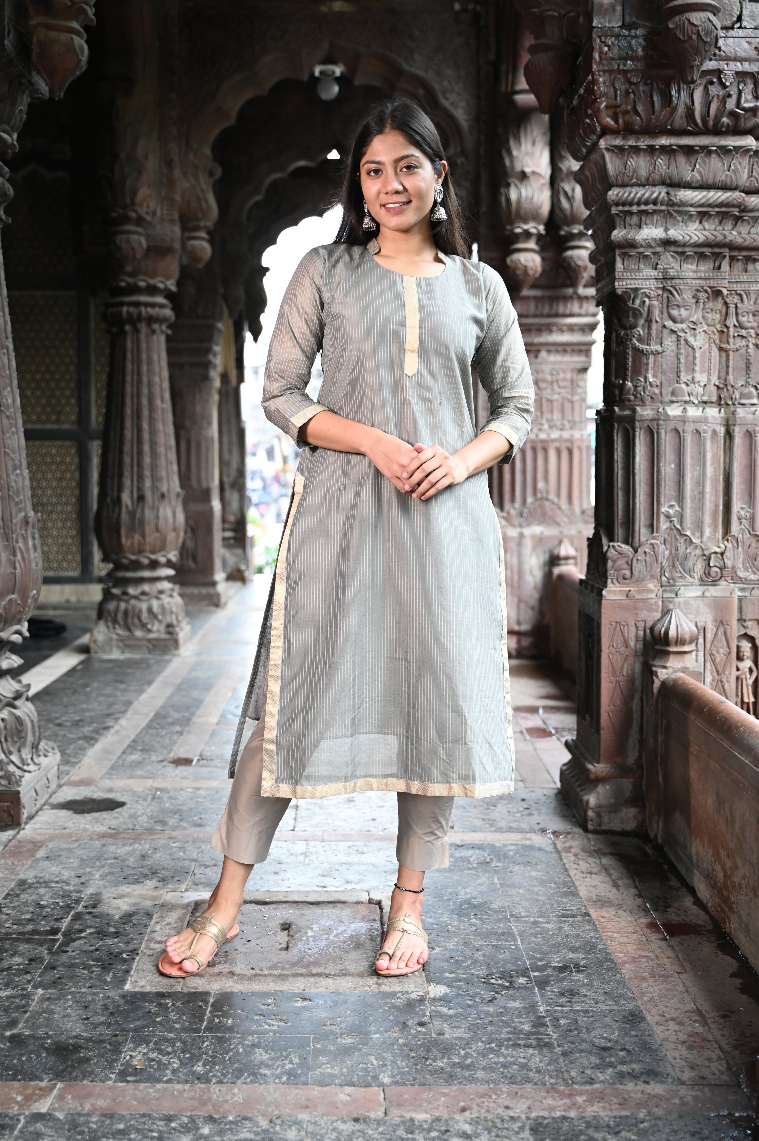 Grey and Off-White Kurta Dupatta Set