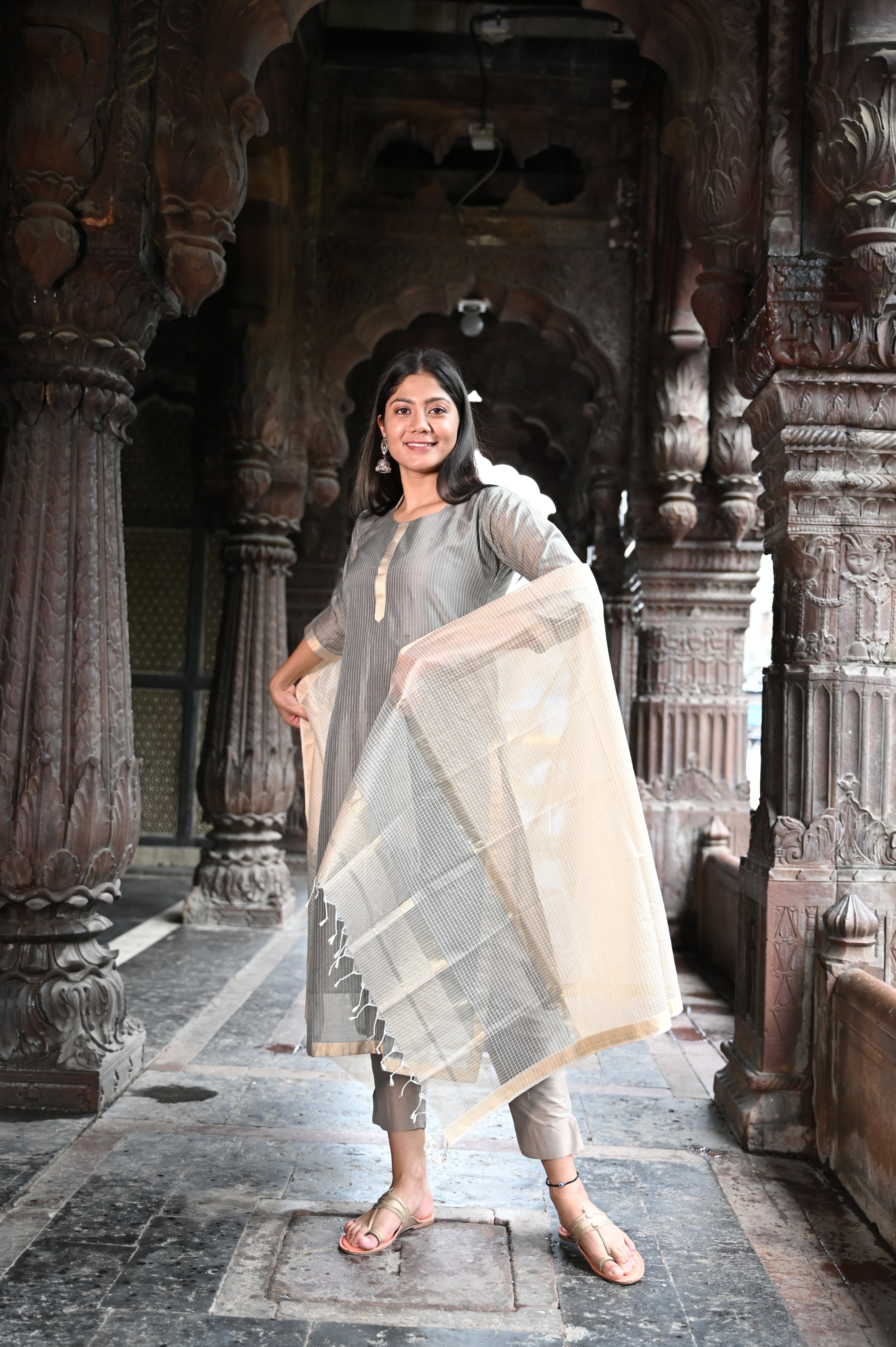 Grey and Off-White Kurta Dupatta Set