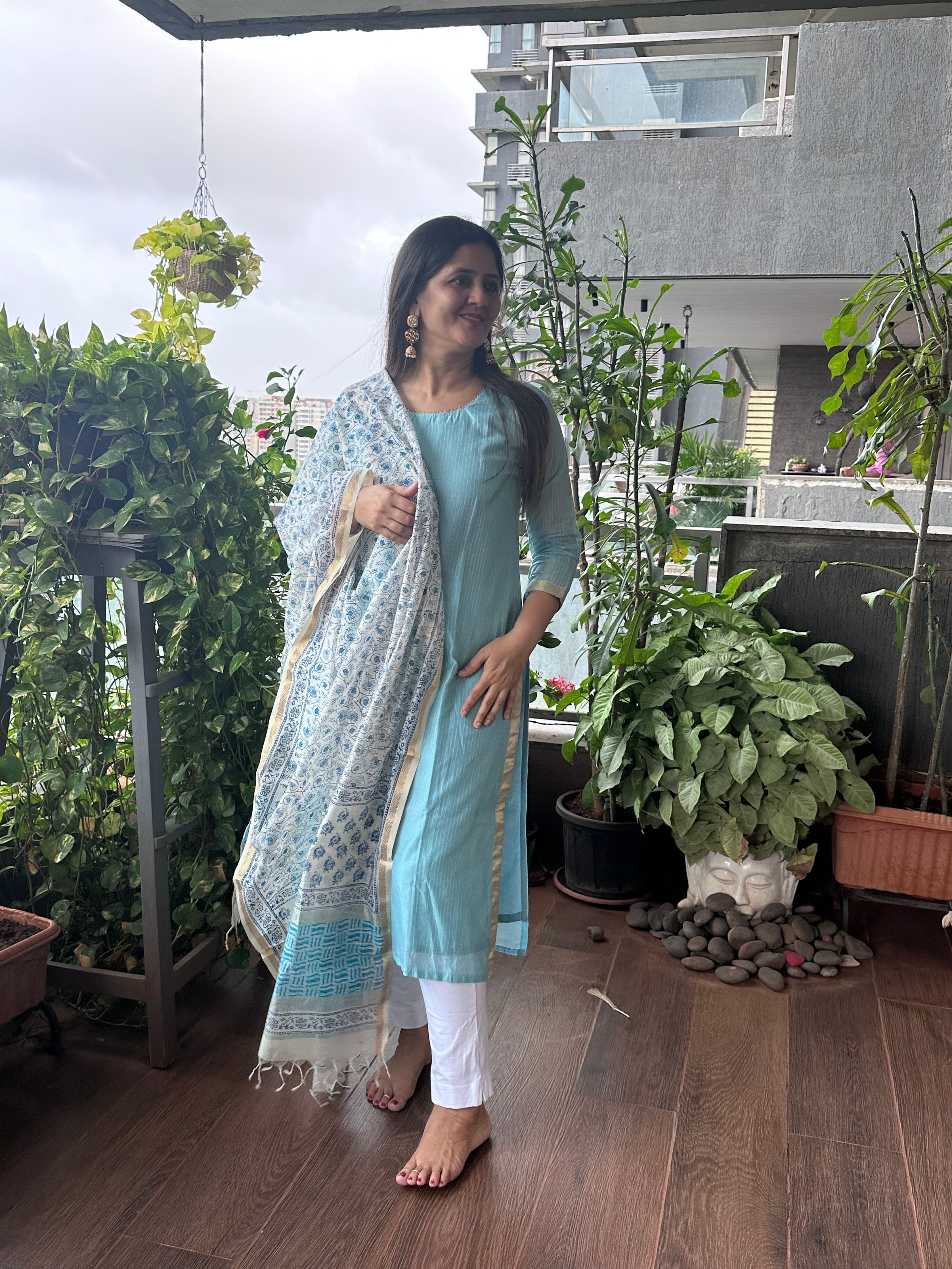 Sky Blue Kurta and Block Printed Dupatta