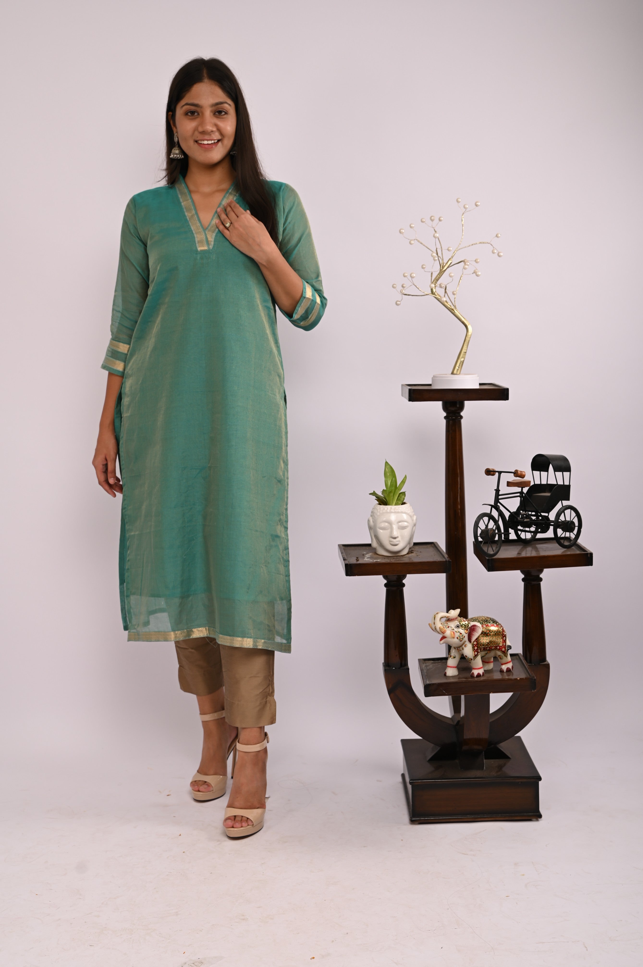 Green Tissue Kurta with Beige Dupatta