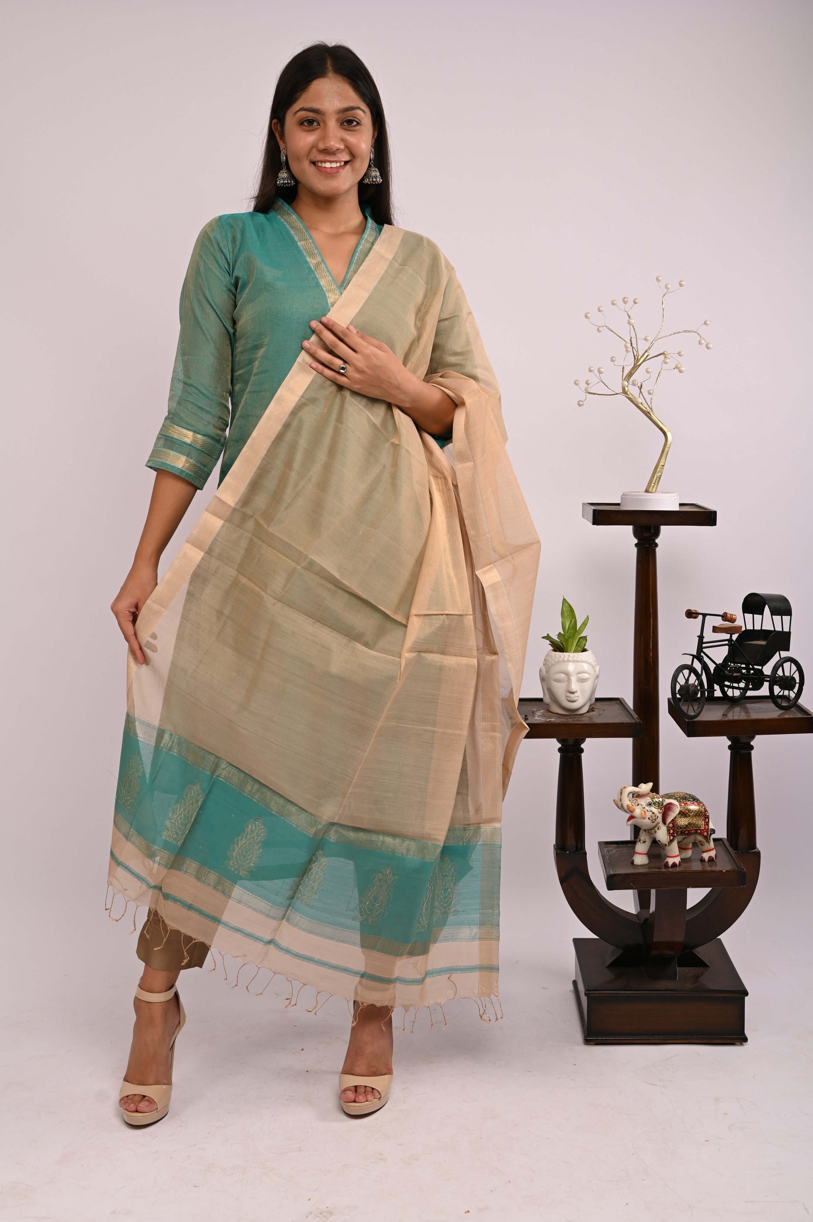 Green Tissue Kurta with Beige Dupatta