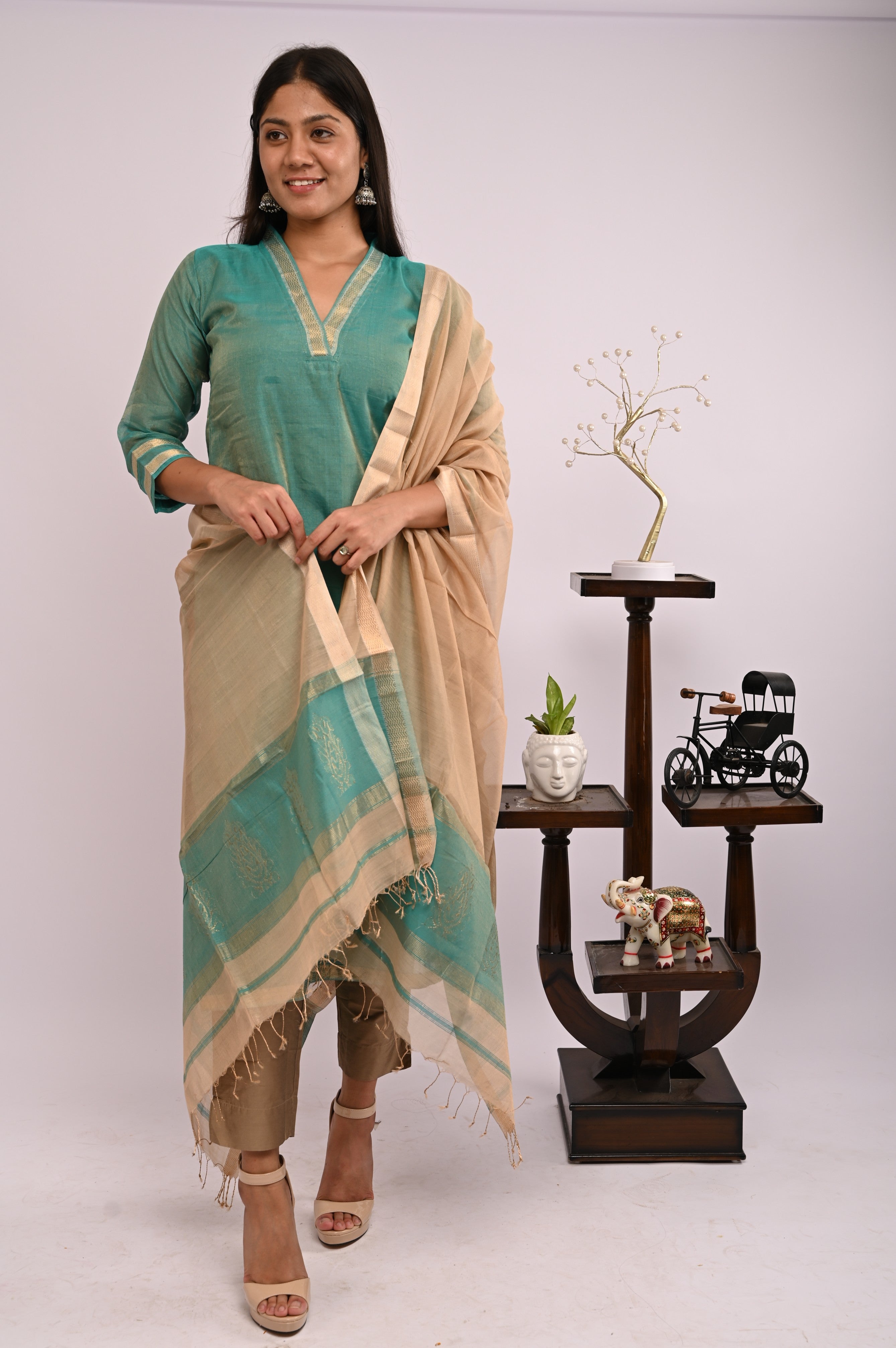 Green Tissue Kurta with Beige Dupatta