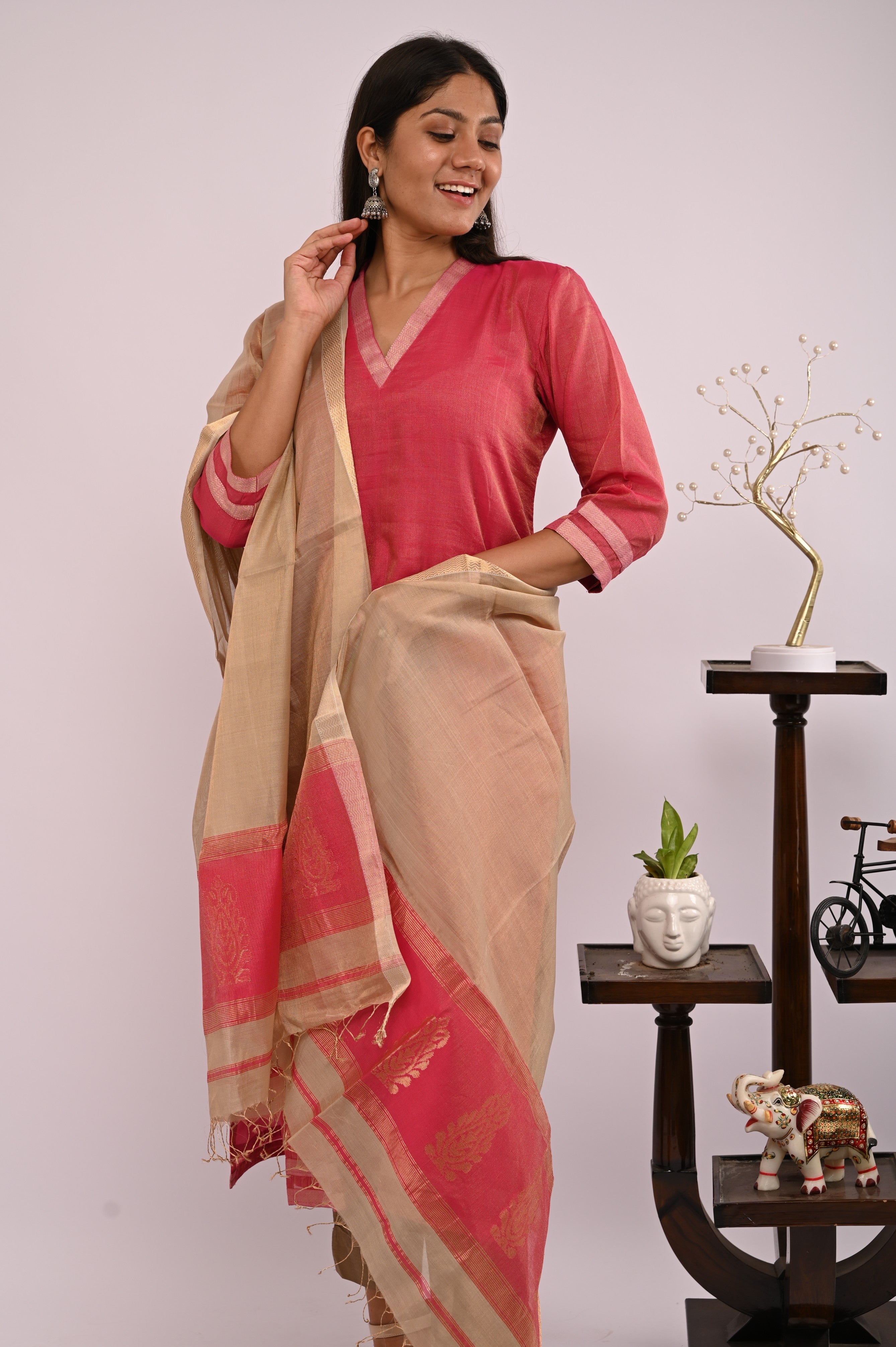Pink Tissue Kurta with Beige Dupatta