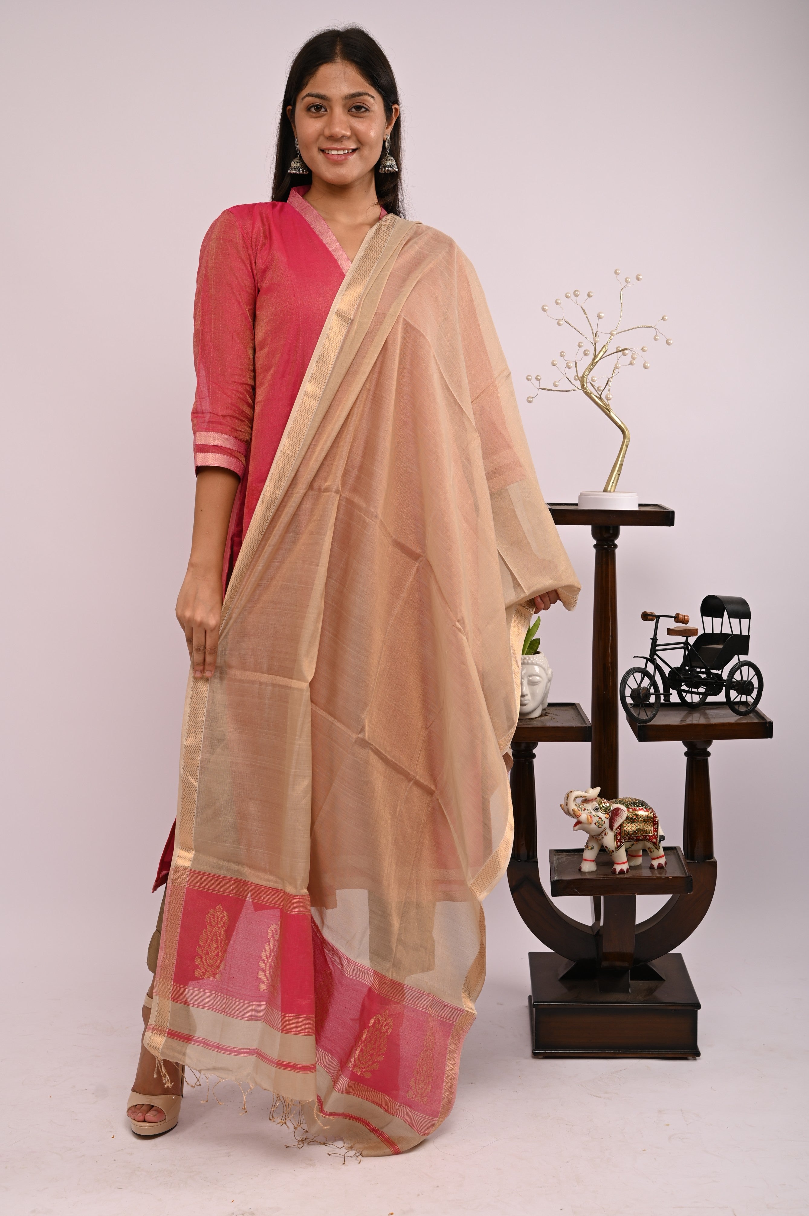 Pink Tissue Kurta with Beige Dupatta