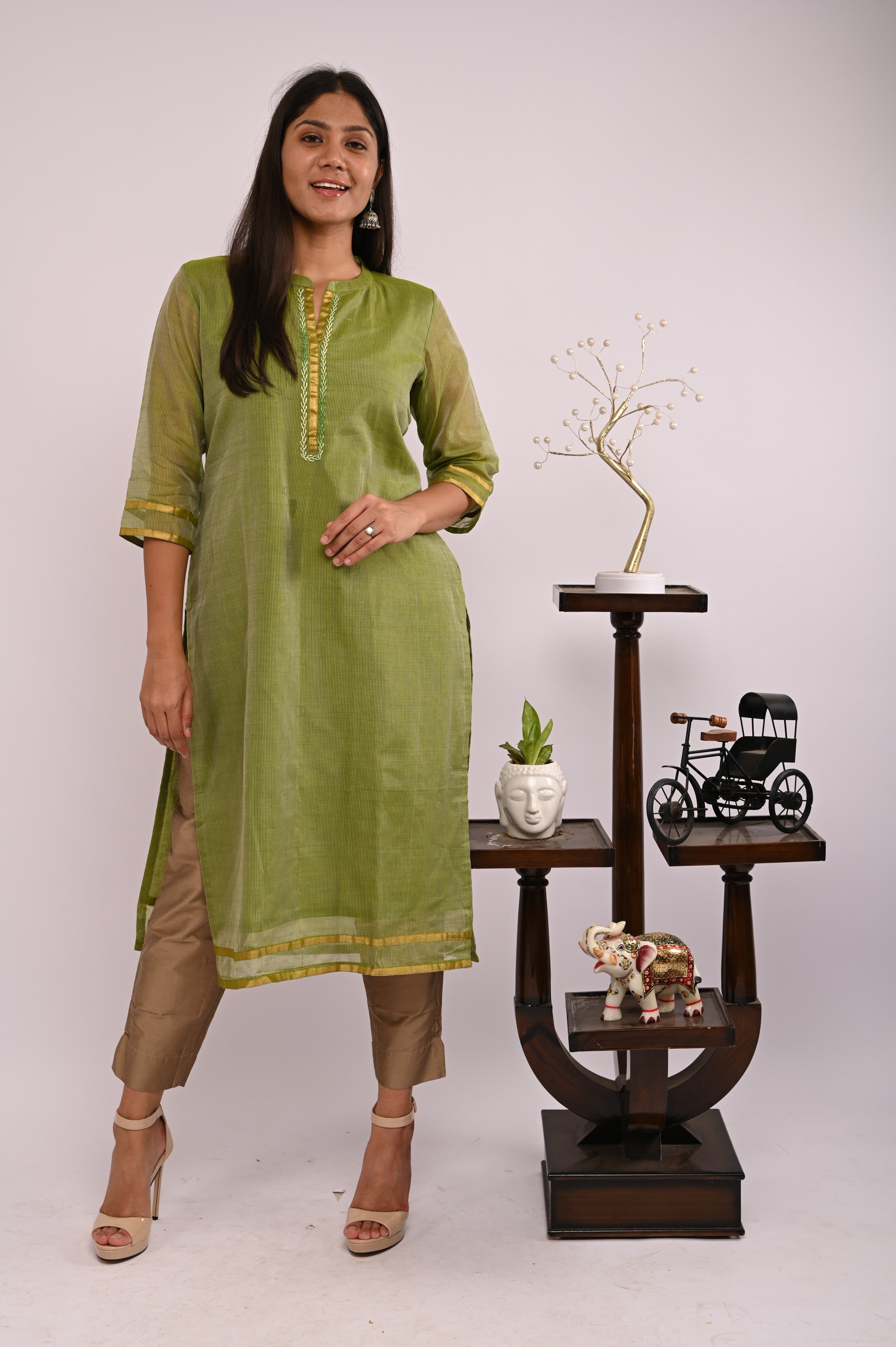 Olive Green Kurta with Hand Embroidery