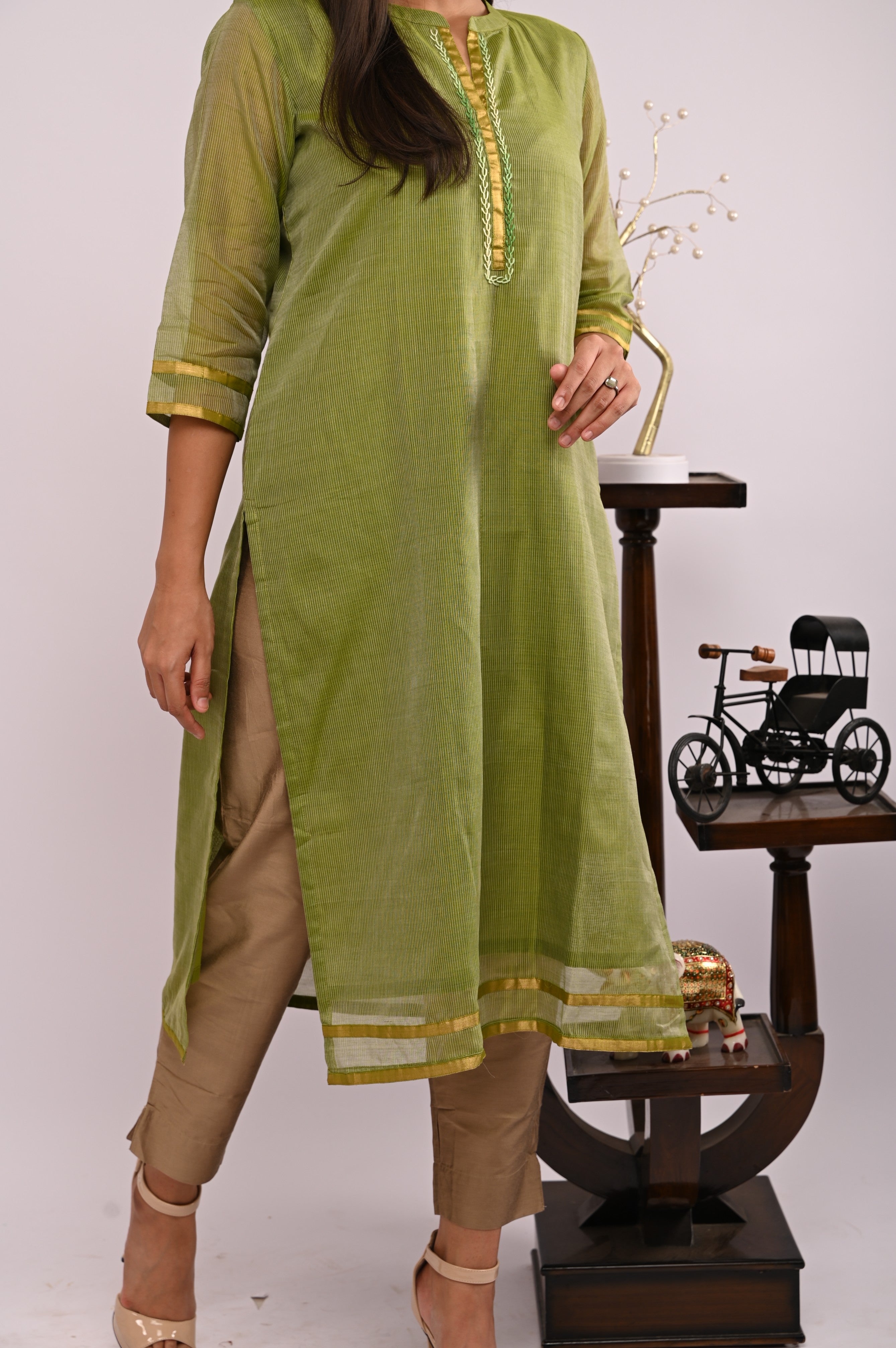 Olive Green Kurta with Hand Embroidery