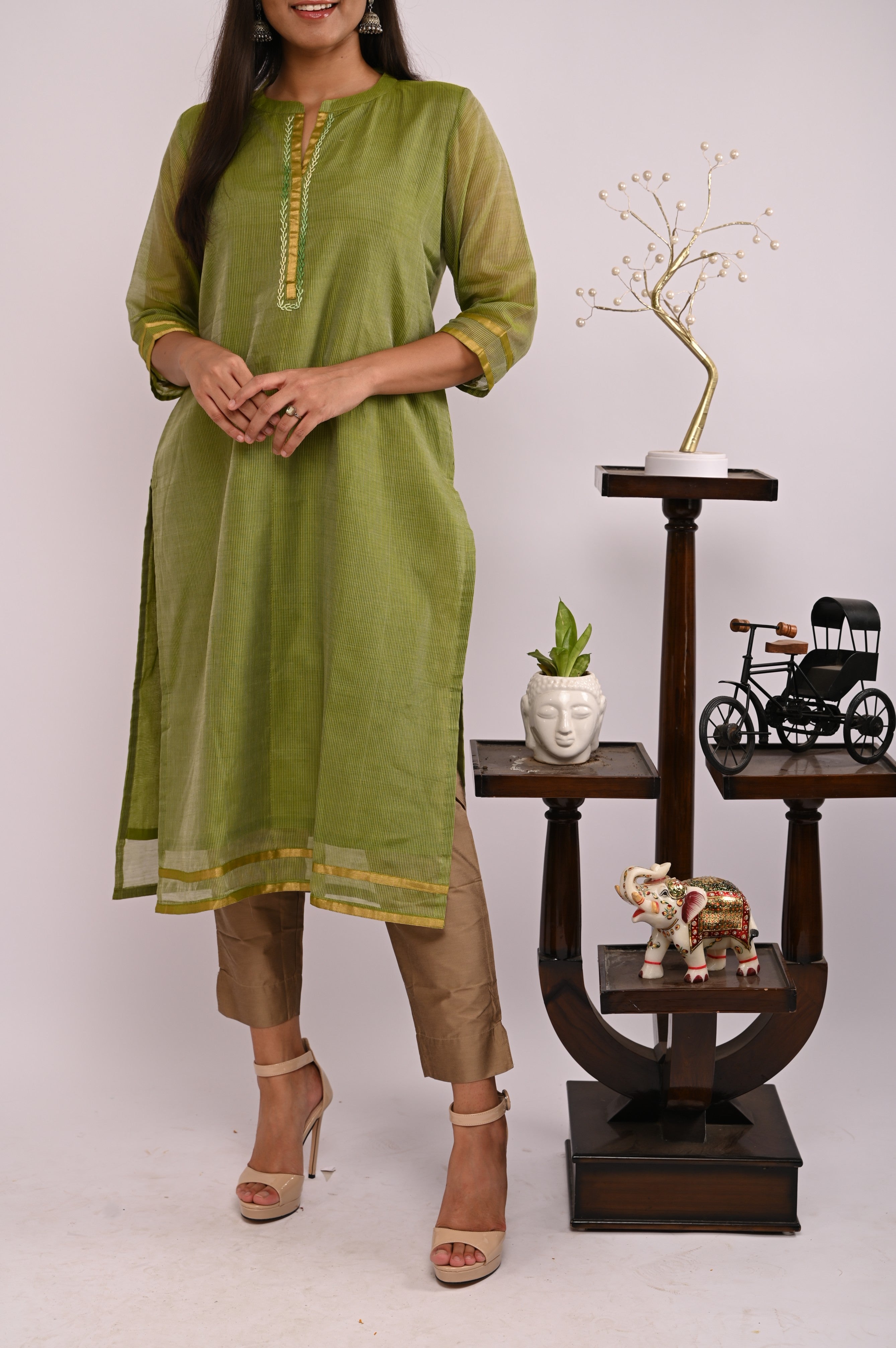 Olive Green Kurta with Hand Embroidery