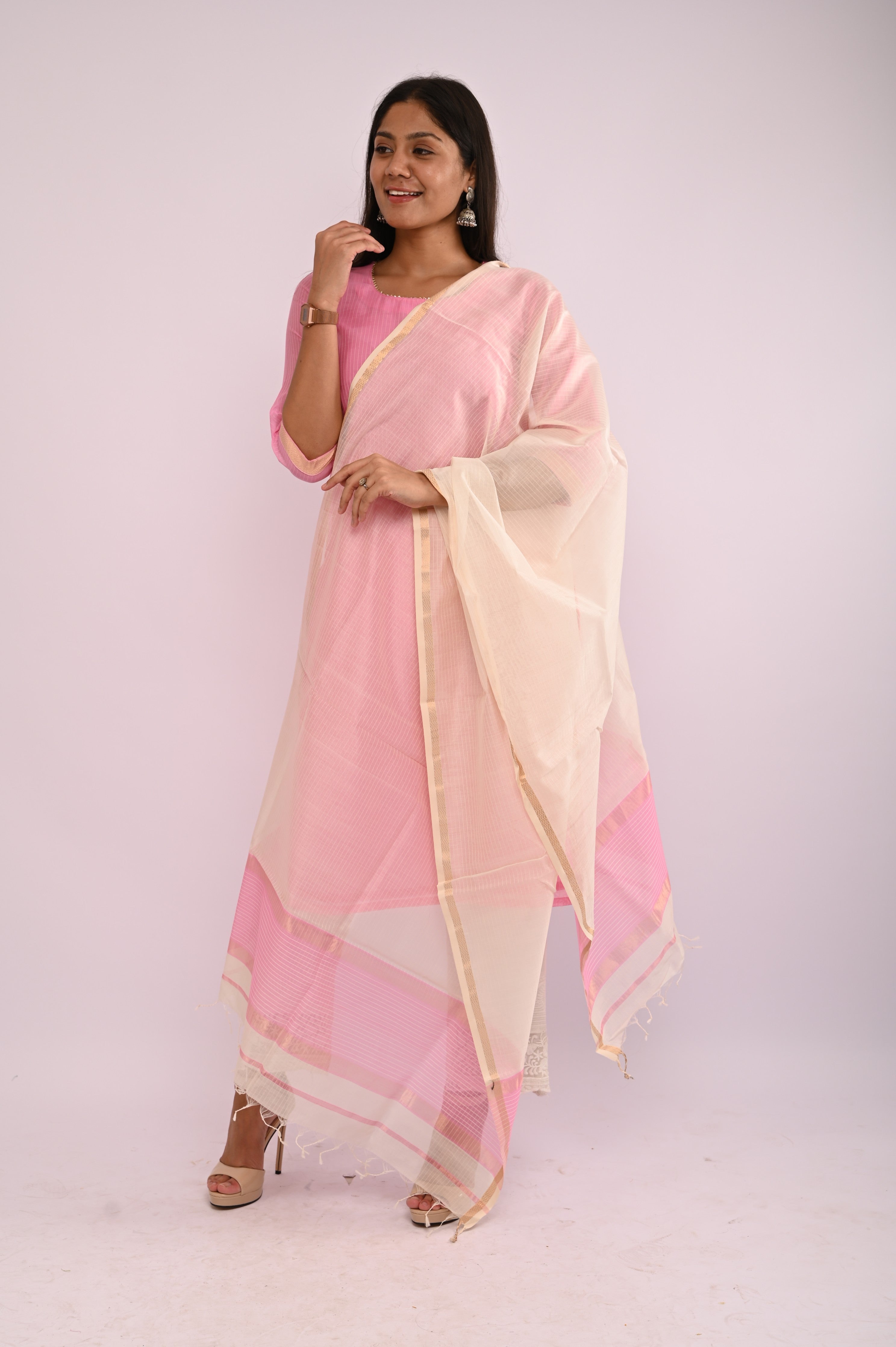 Pink Kurta with Off-White Dupatta