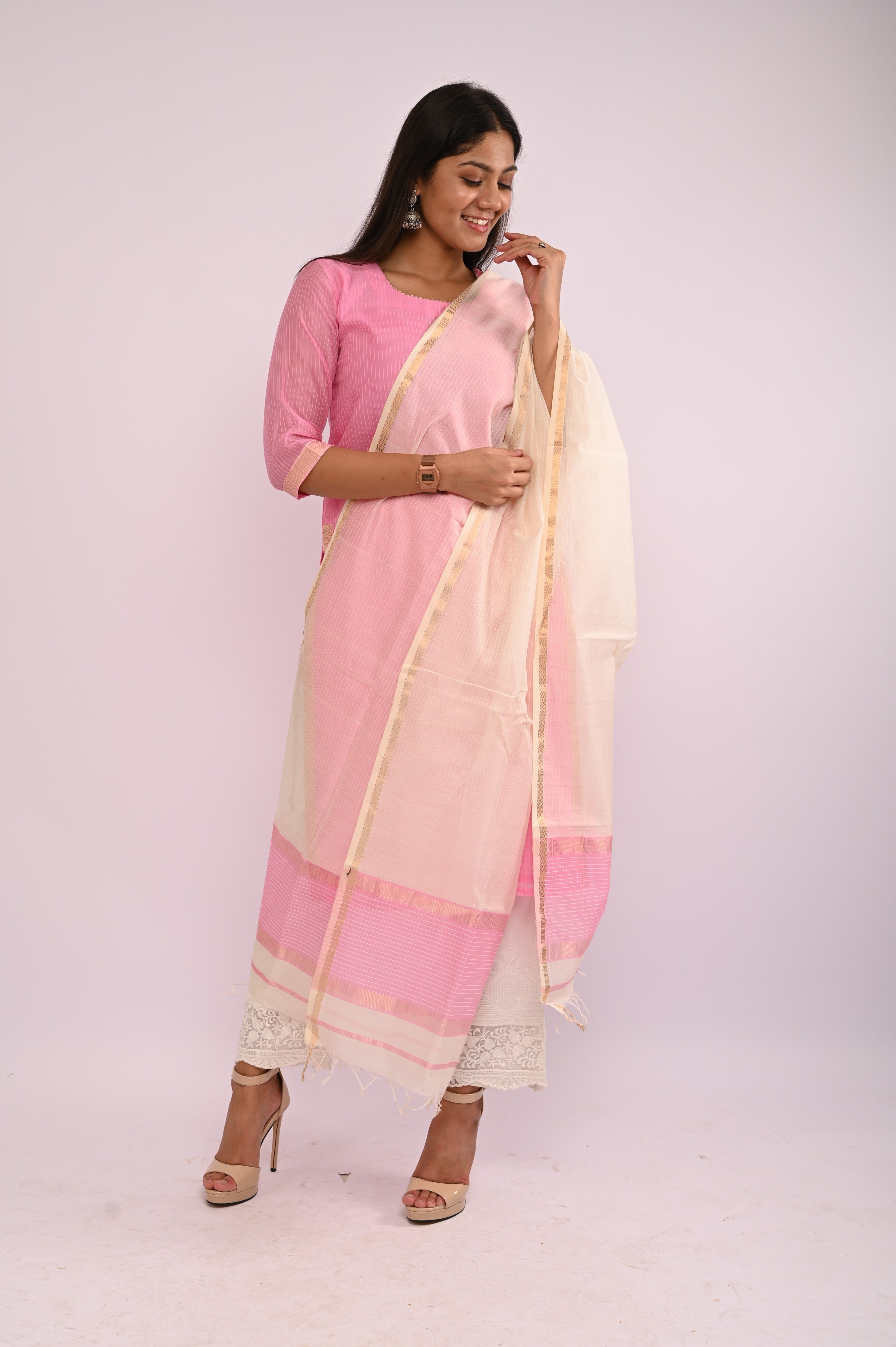 Pink Kurta with Off-White Dupatta