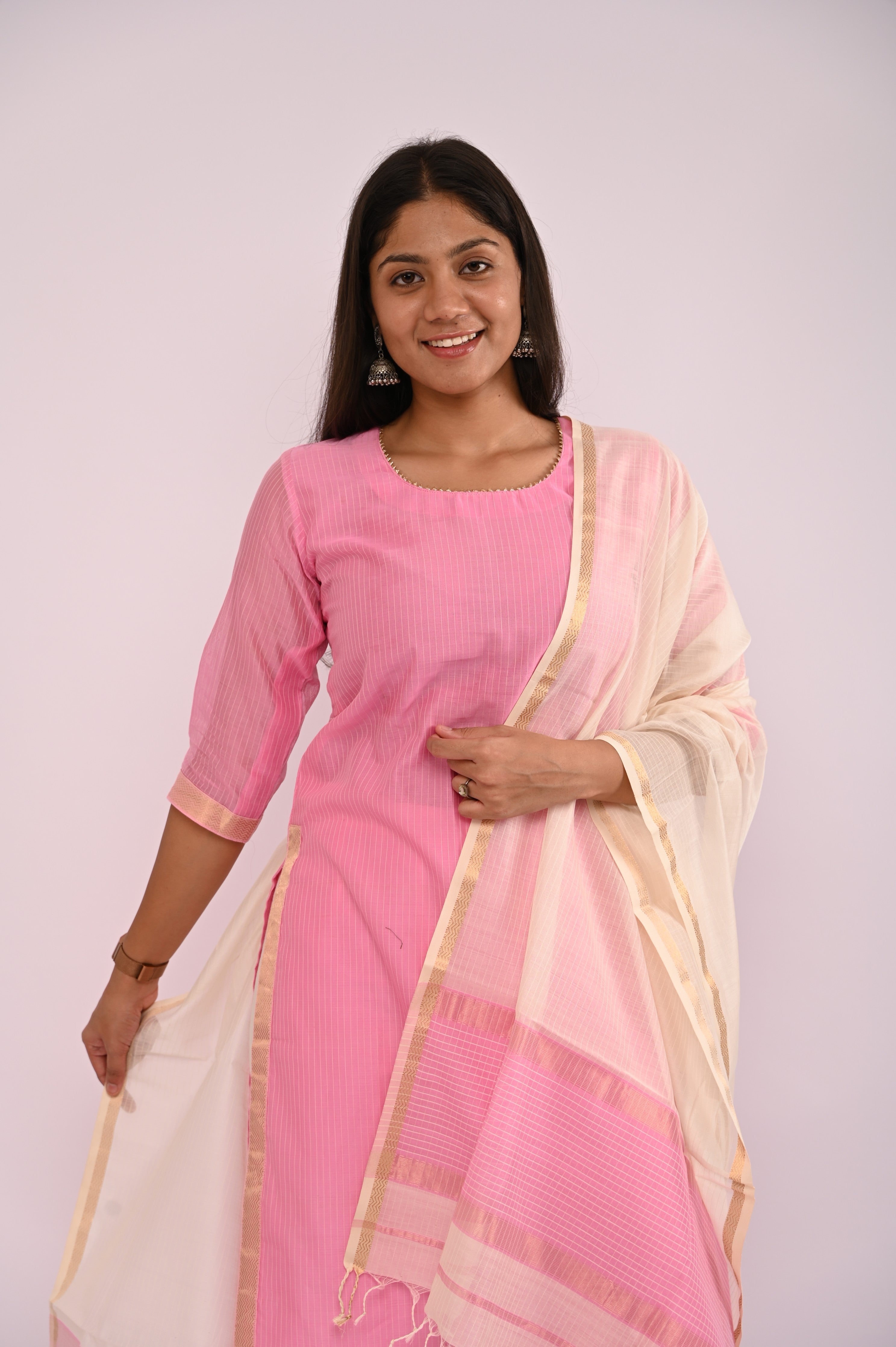 Pink Kurta with Off-White Dupatta