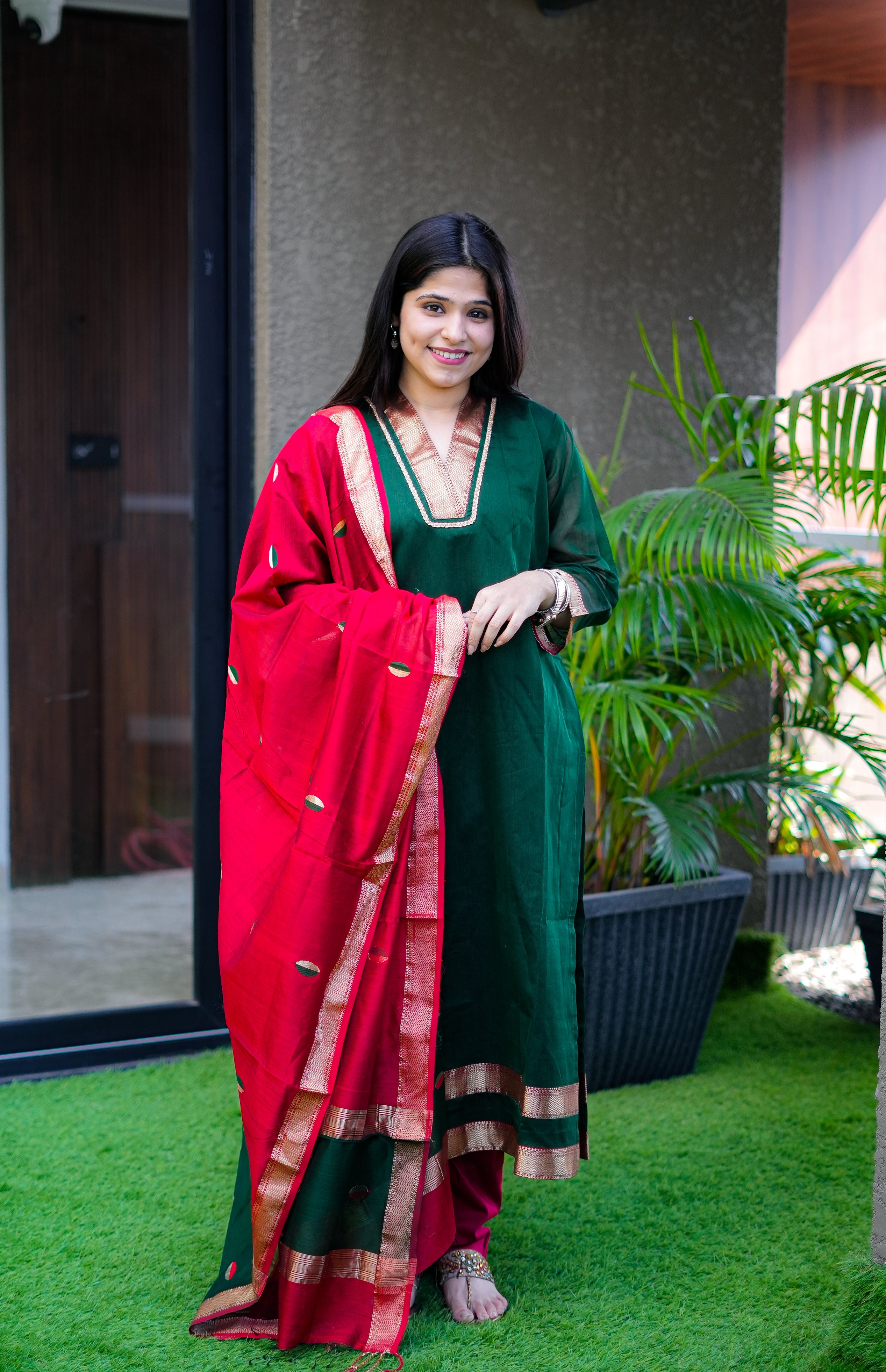 Red & Green Handloom Kurta & Dupatta
