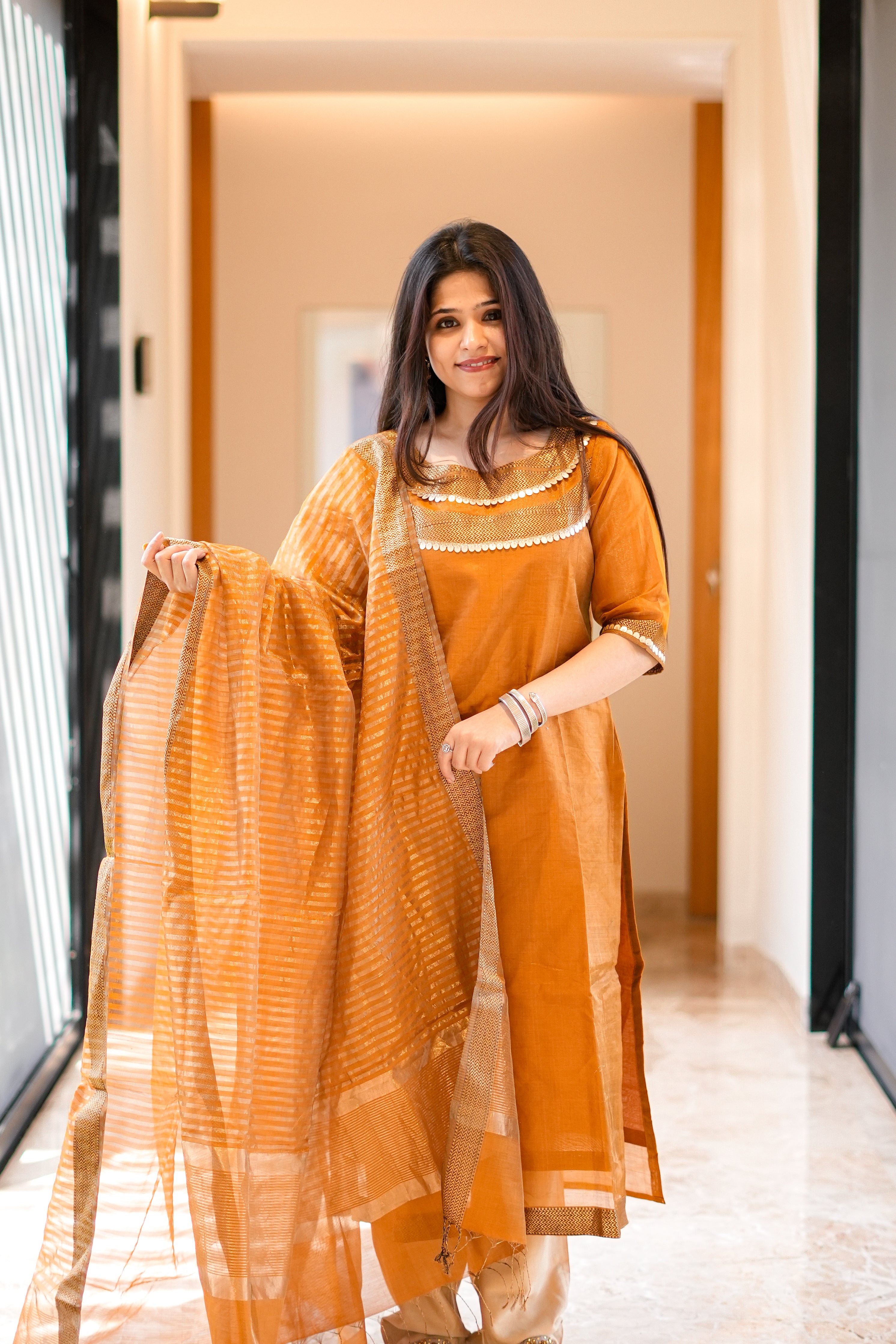 Orange Handloom Kurta & Dupatta