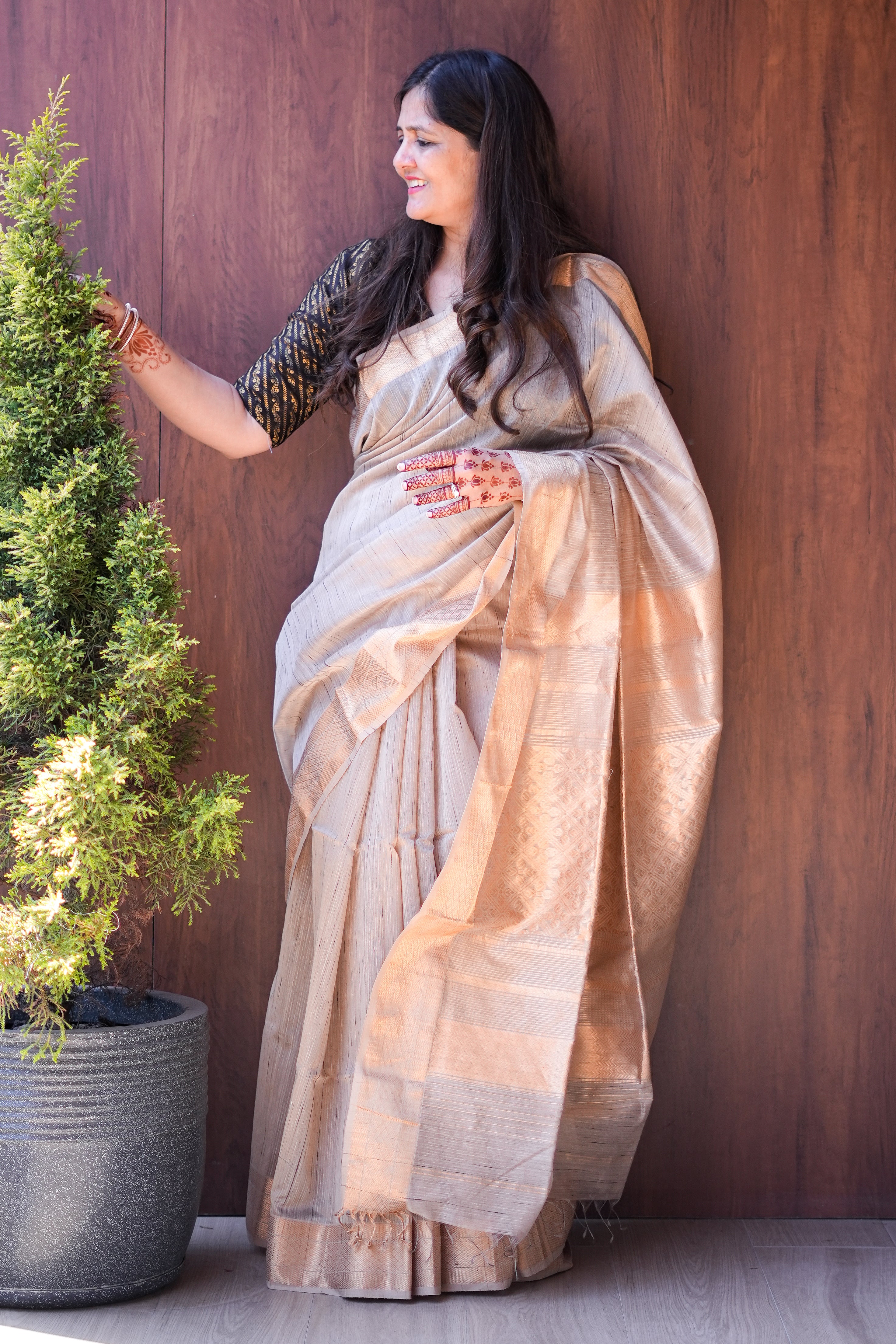 Golden Beige Ghicha Silk Handloom Saree