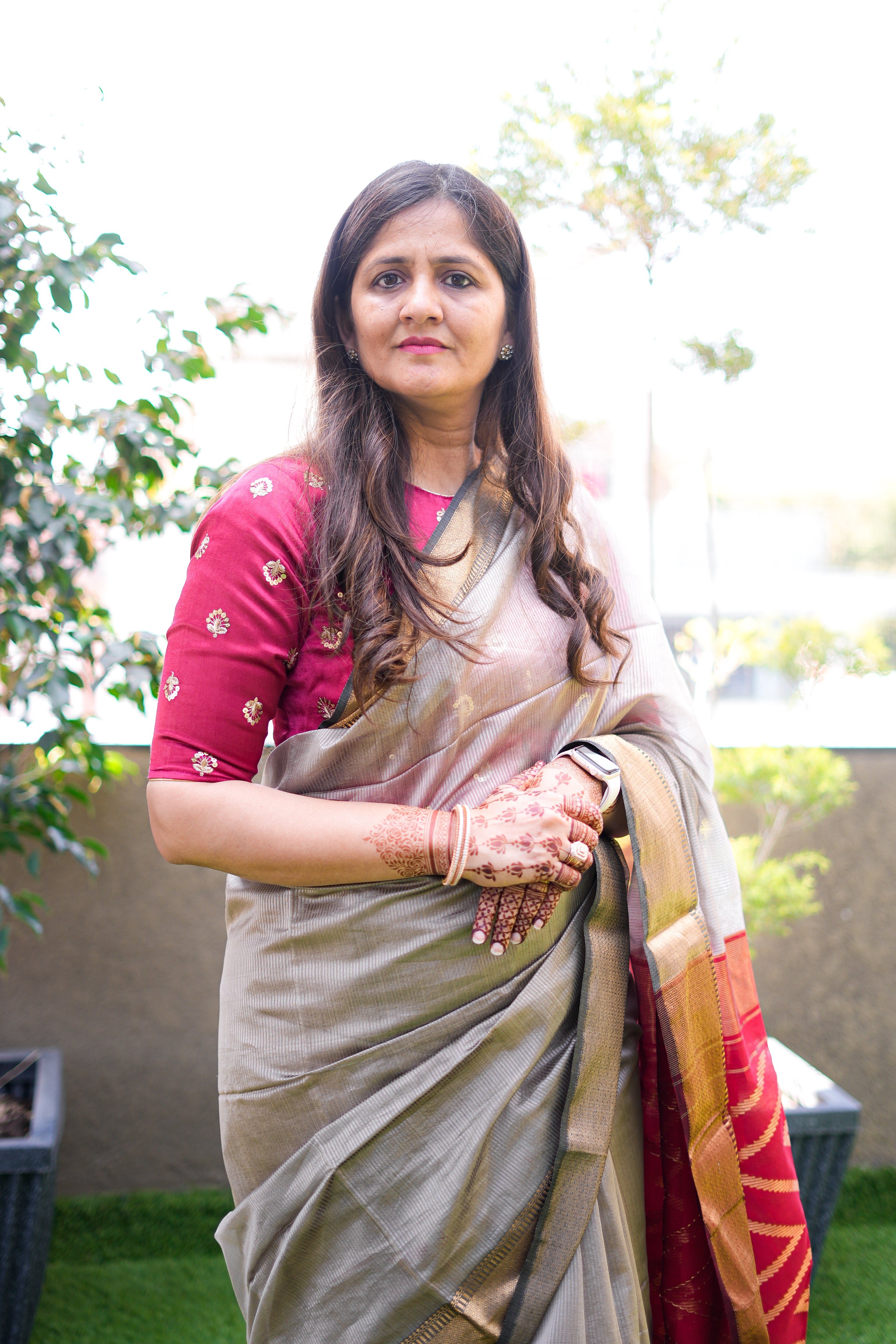 Red Grey & Gold Maheshwari Silk Saree