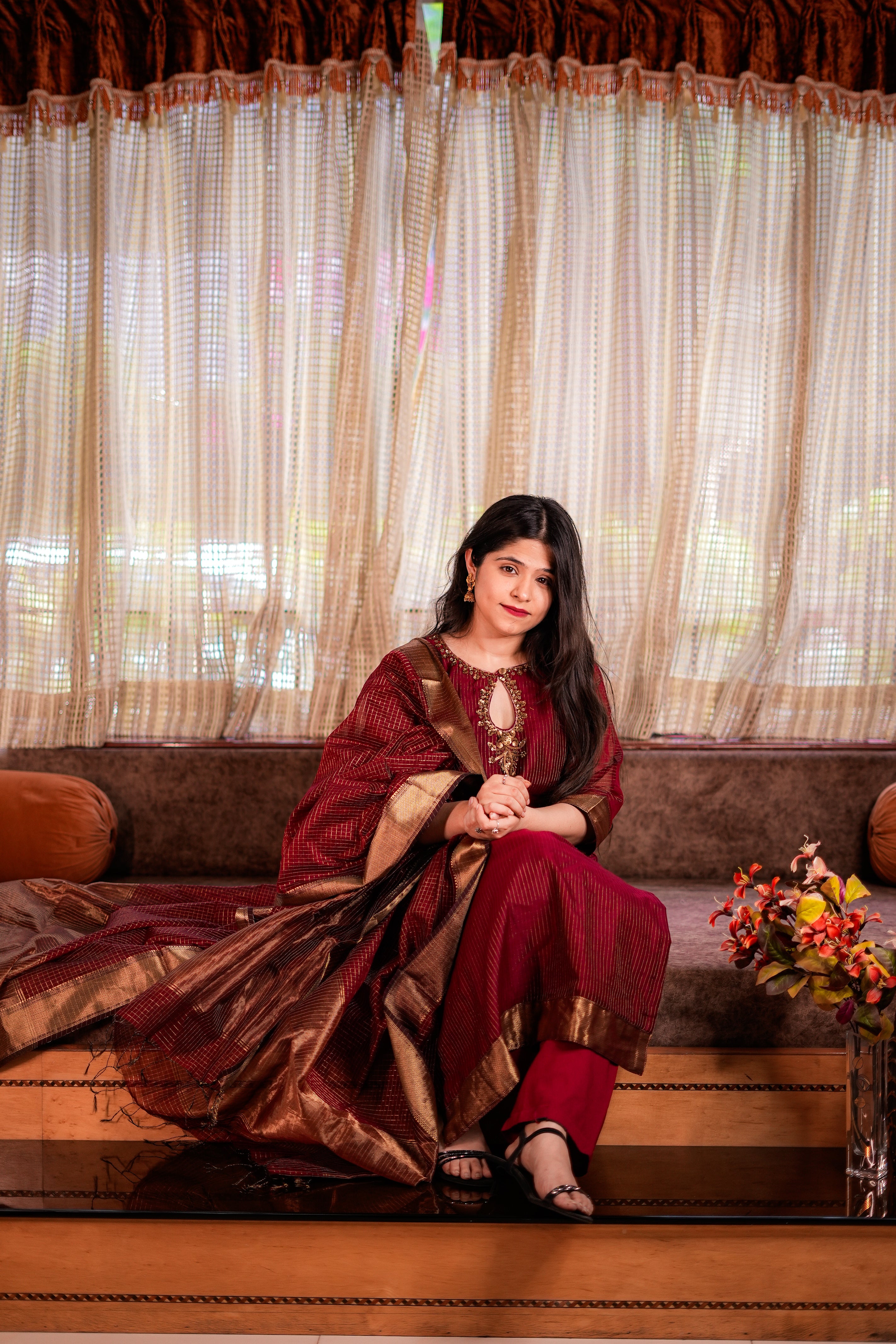 Red Maroon Maheshwari Handloom Kurta & Dupatta