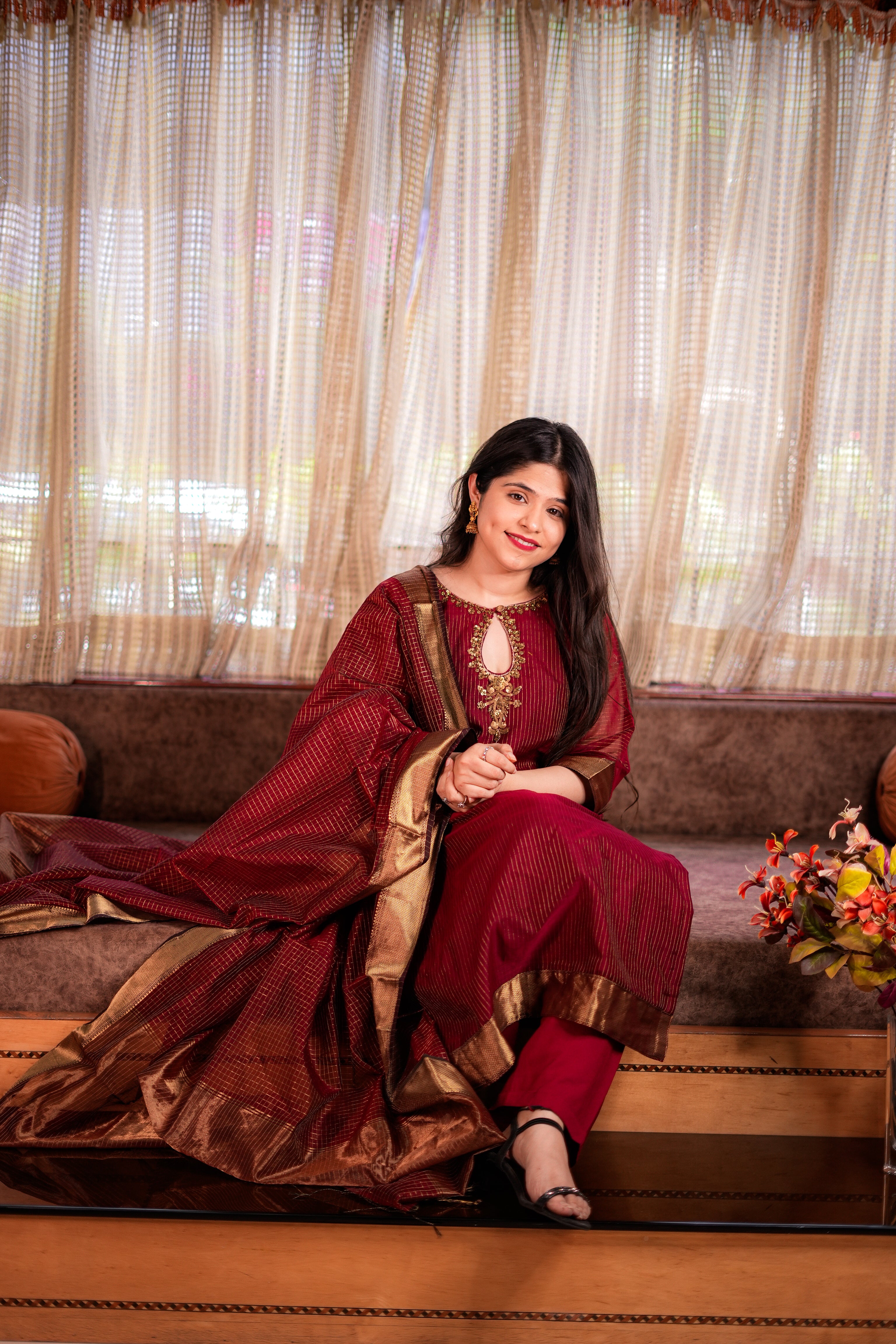 Red Maroon Maheshwari Handloom Kurta & Dupatta