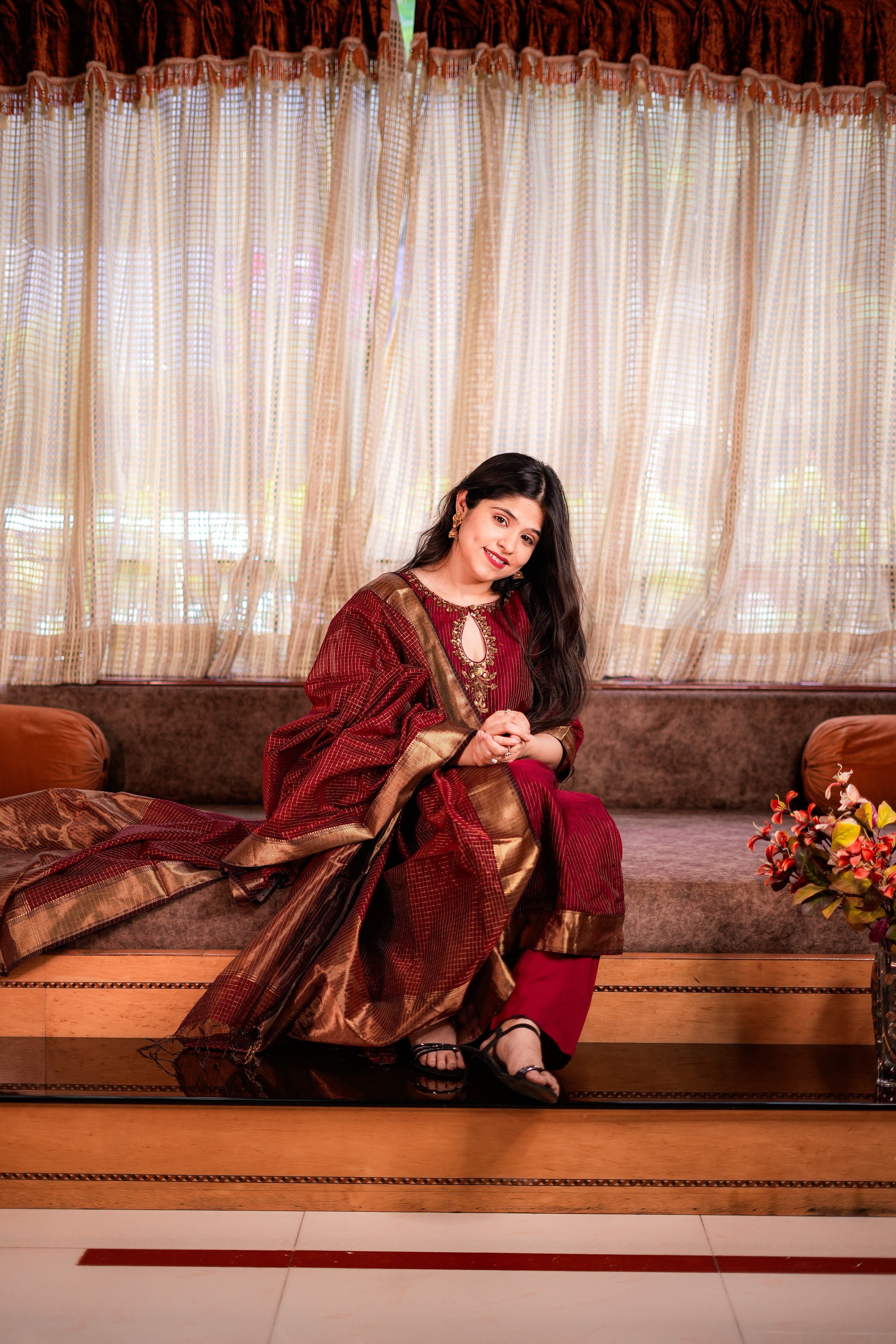 Red Maroon Maheshwari Handloom Kurta & Dupatta
