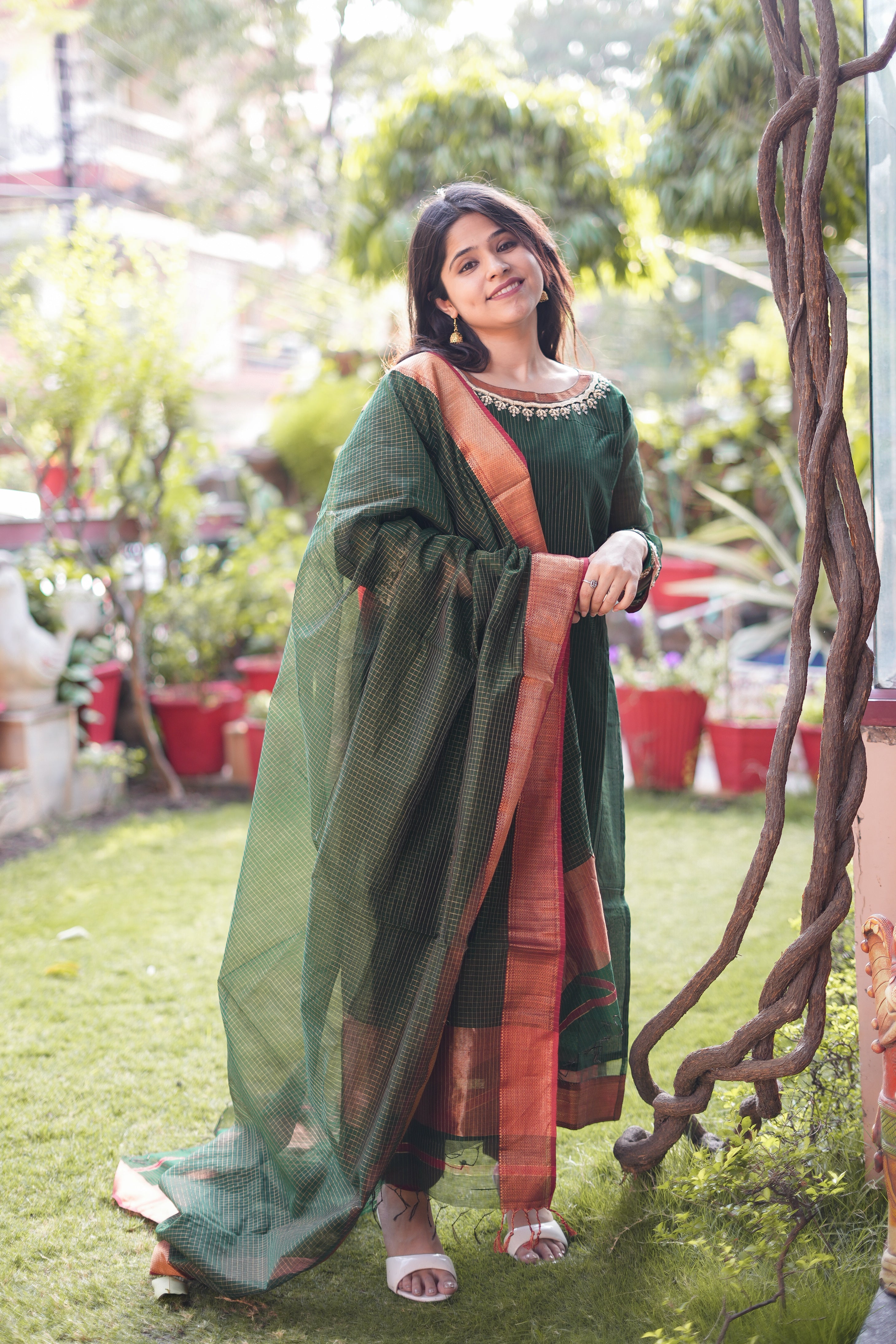Deep Green Kurta & Dupatta with Zari Detailing & Neckline with Handwork
