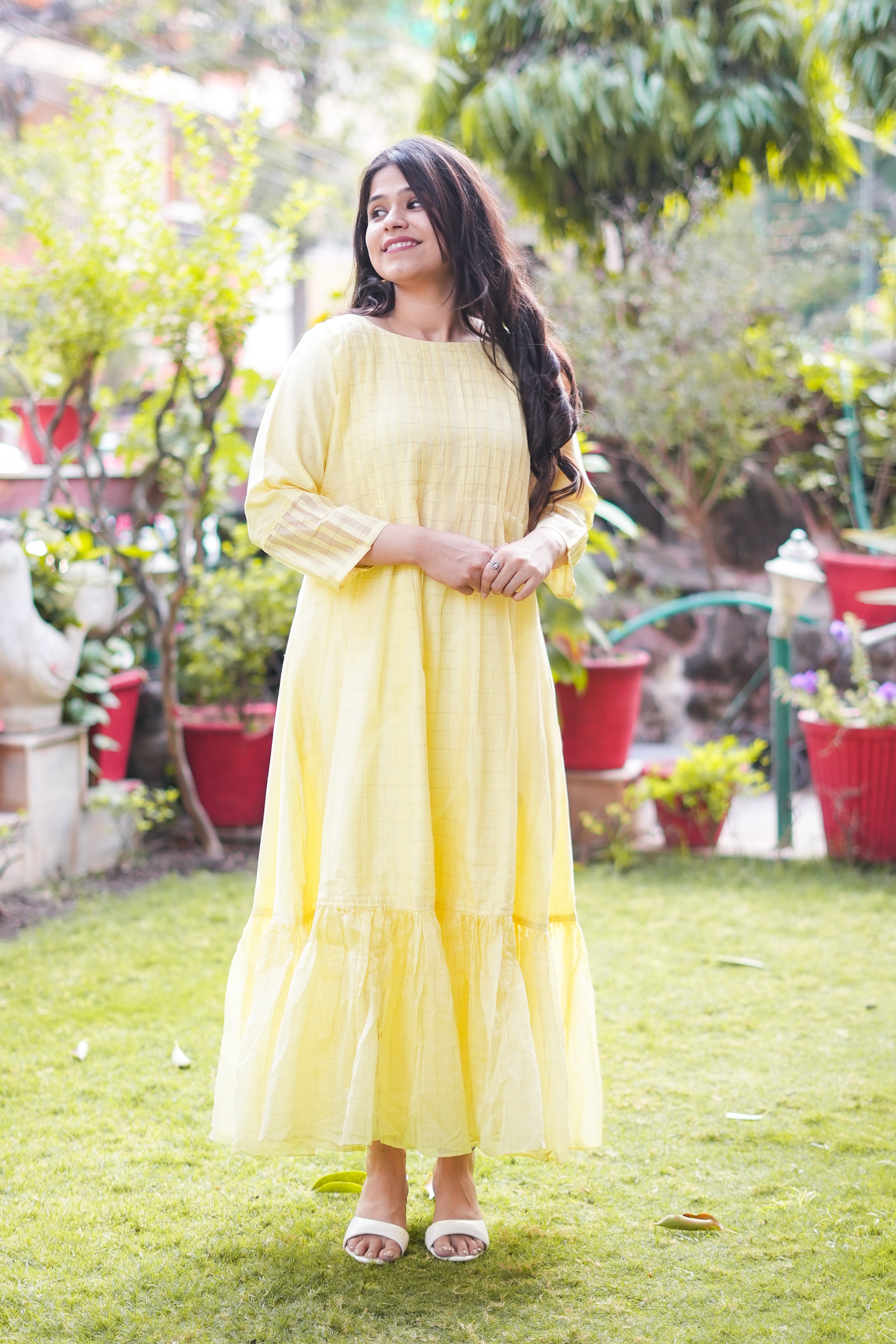 Yellow Long Kurta with Subtle Zari Checks