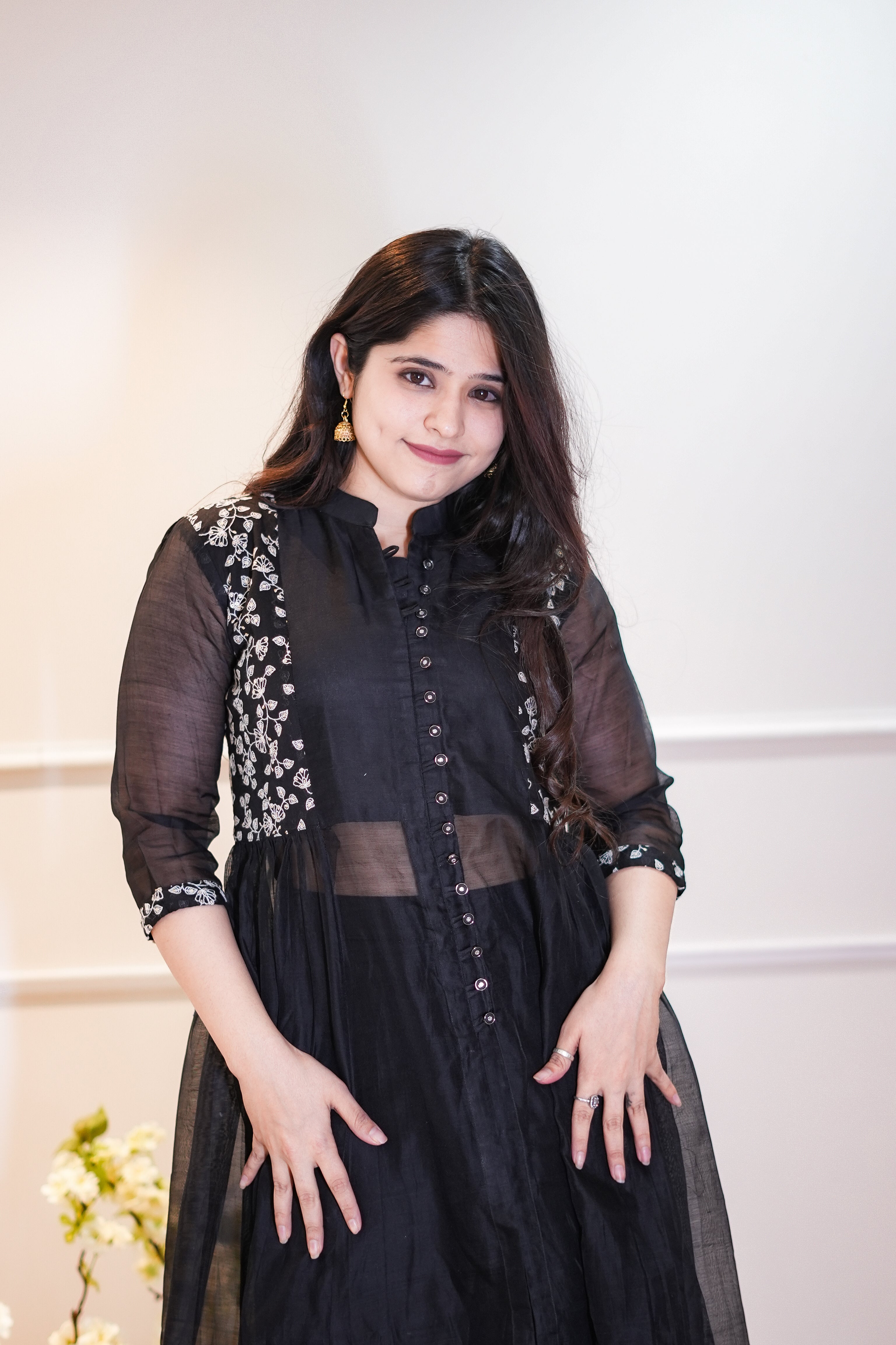 Black Maheshwari Handloom Kurta with Floral Embroidery