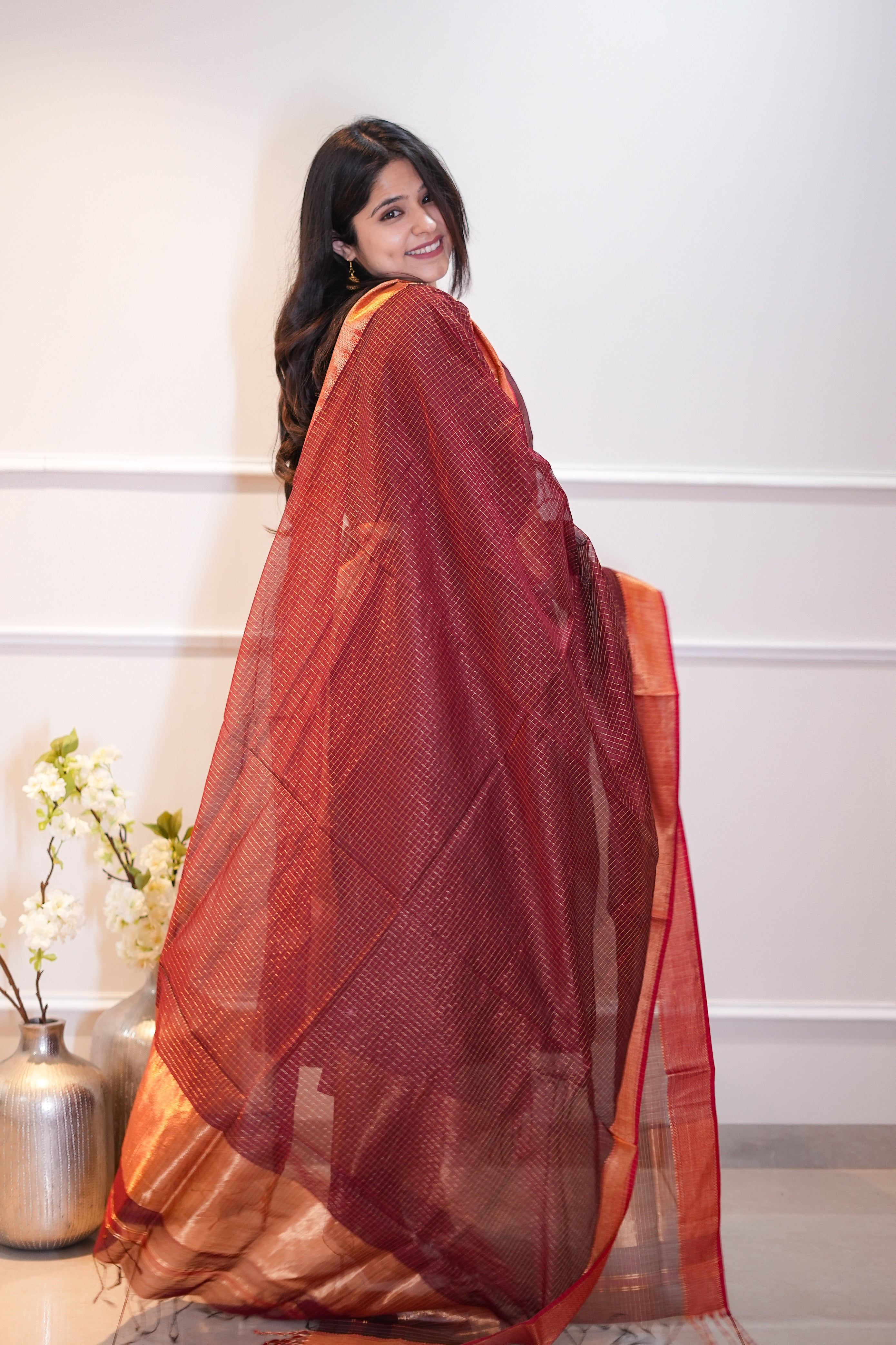 Maroon Kurta & Dupatta Set with Zari Checks and Contrast Border