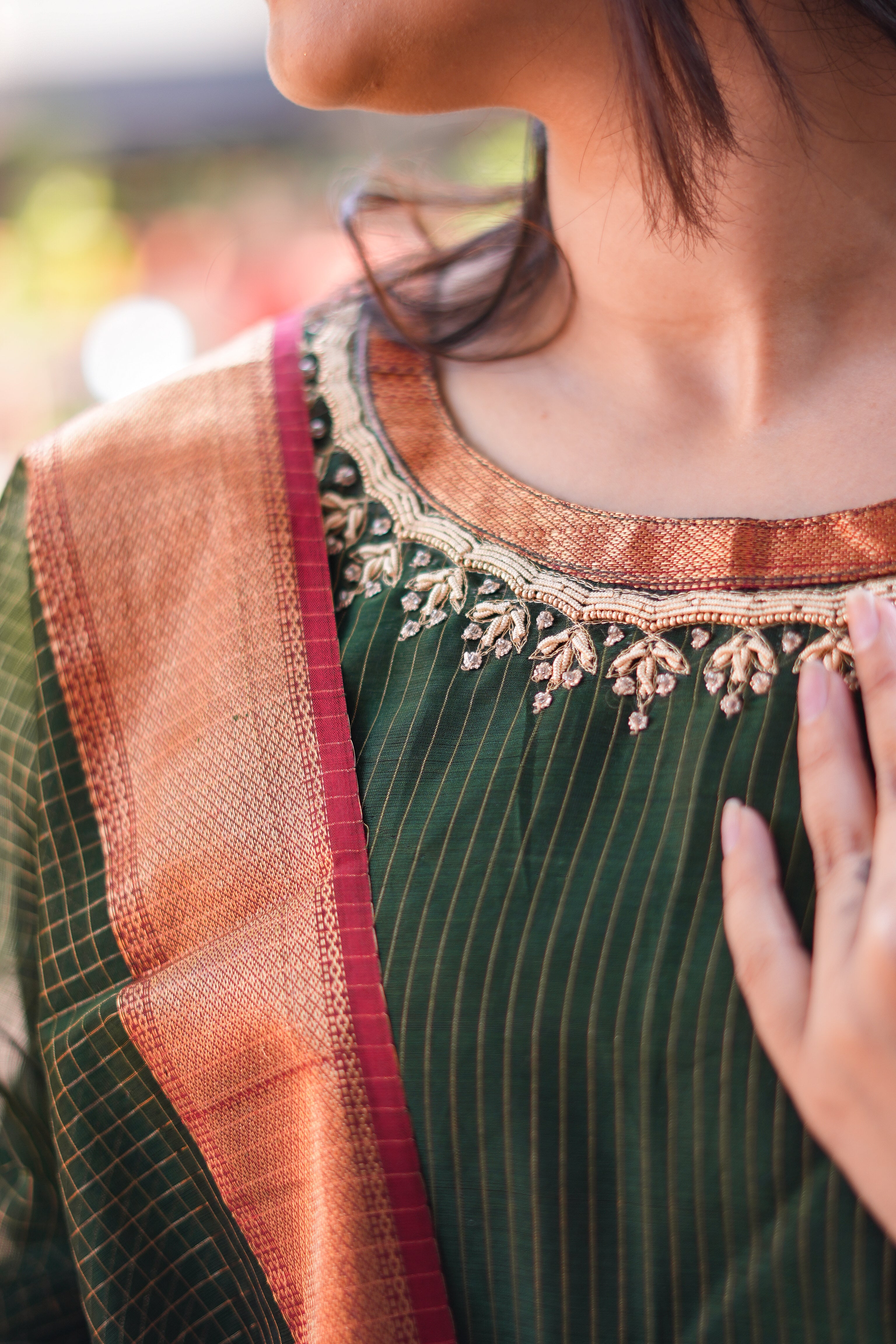 Deep Green Kurta & Dupatta with Zari Detailing & Neckline with Handwork