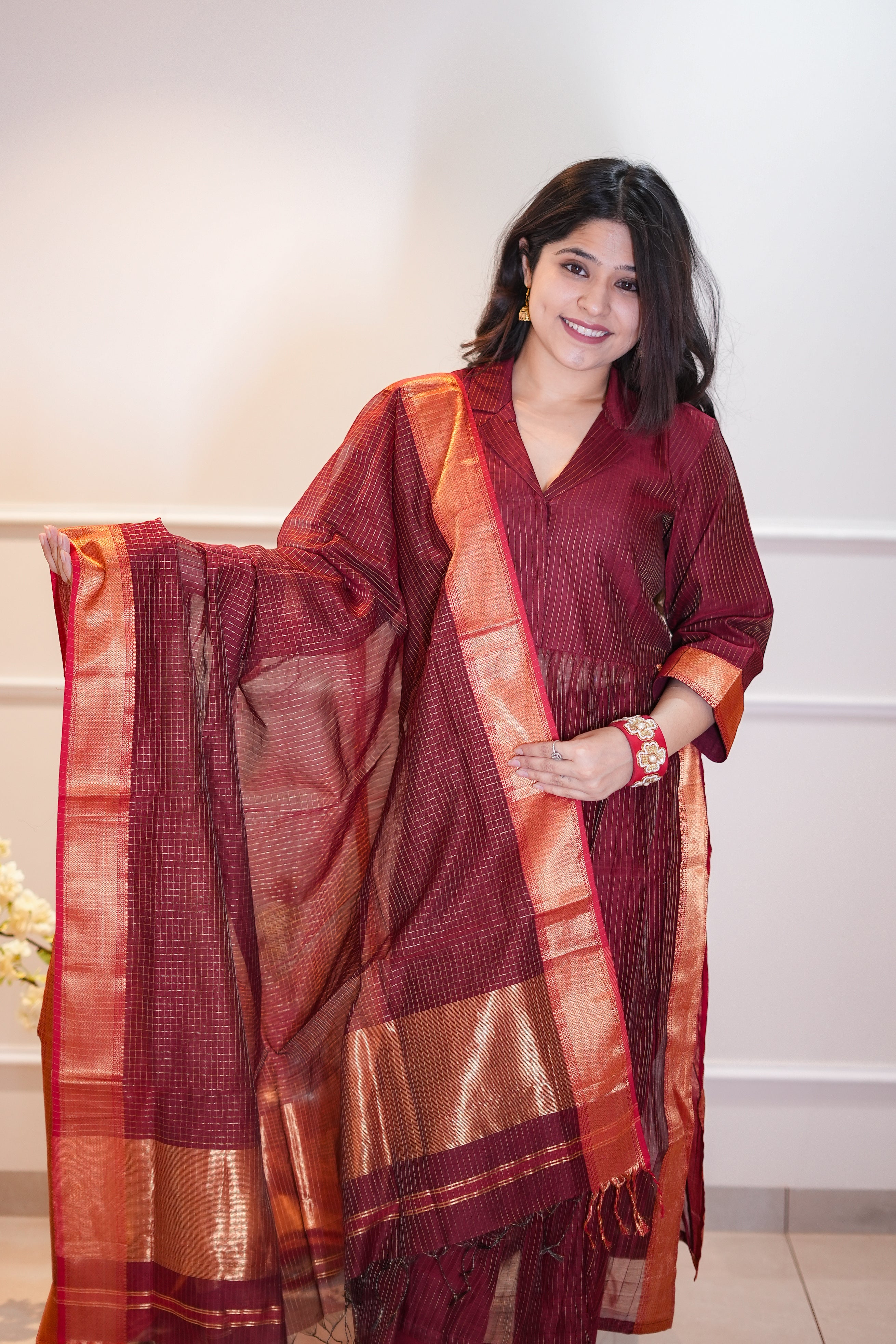 Maroon Kurta & Dupatta Set with Zari Checks and Contrast Border
