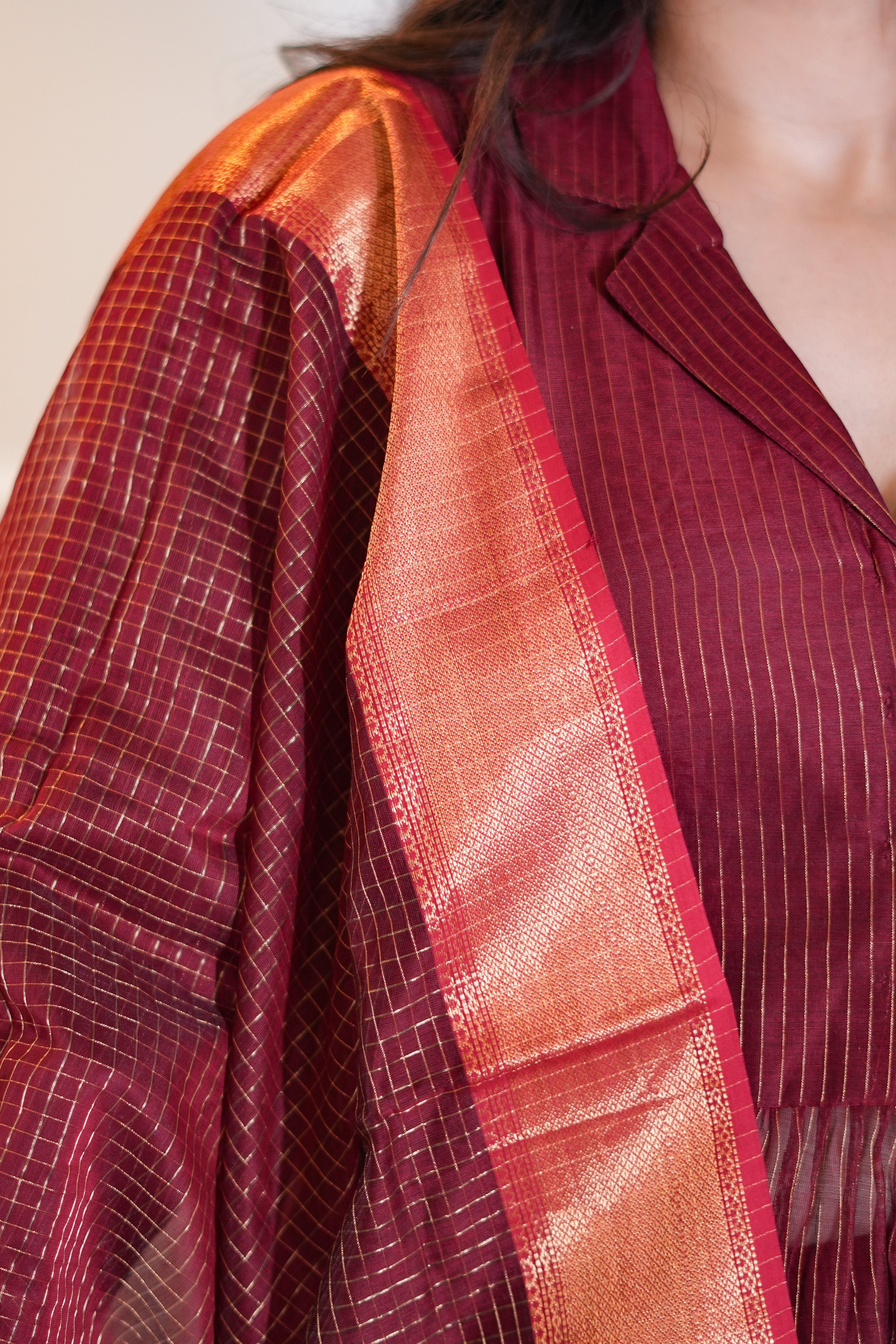 Maroon Kurta & Dupatta Set with Zari Checks and Contrast Border