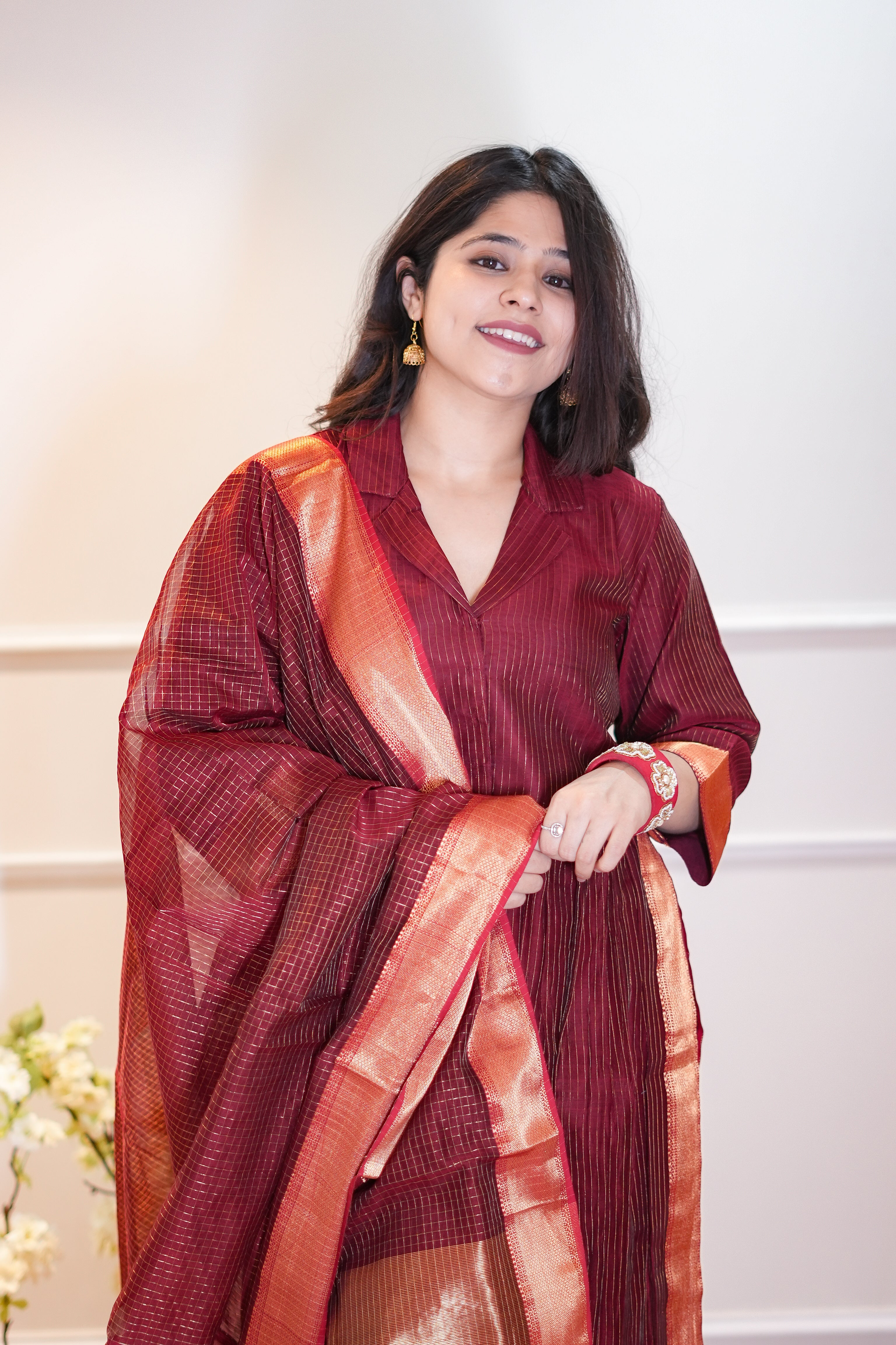 Maroon Kurta & Dupatta Set with Zari Checks and Contrast Border