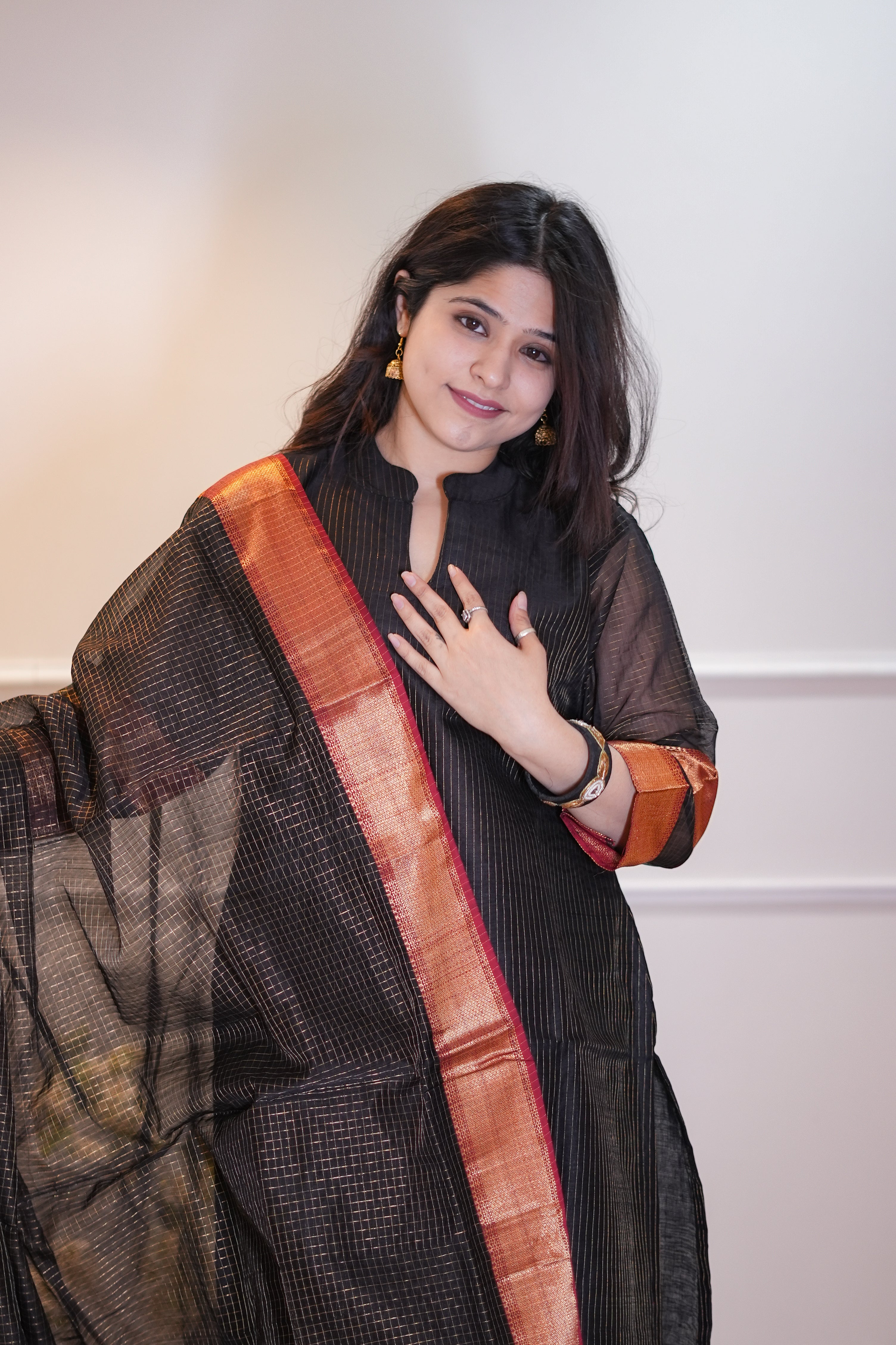 Black Kurta & Dupatta Set with Zari Lining and Checked Dupatta