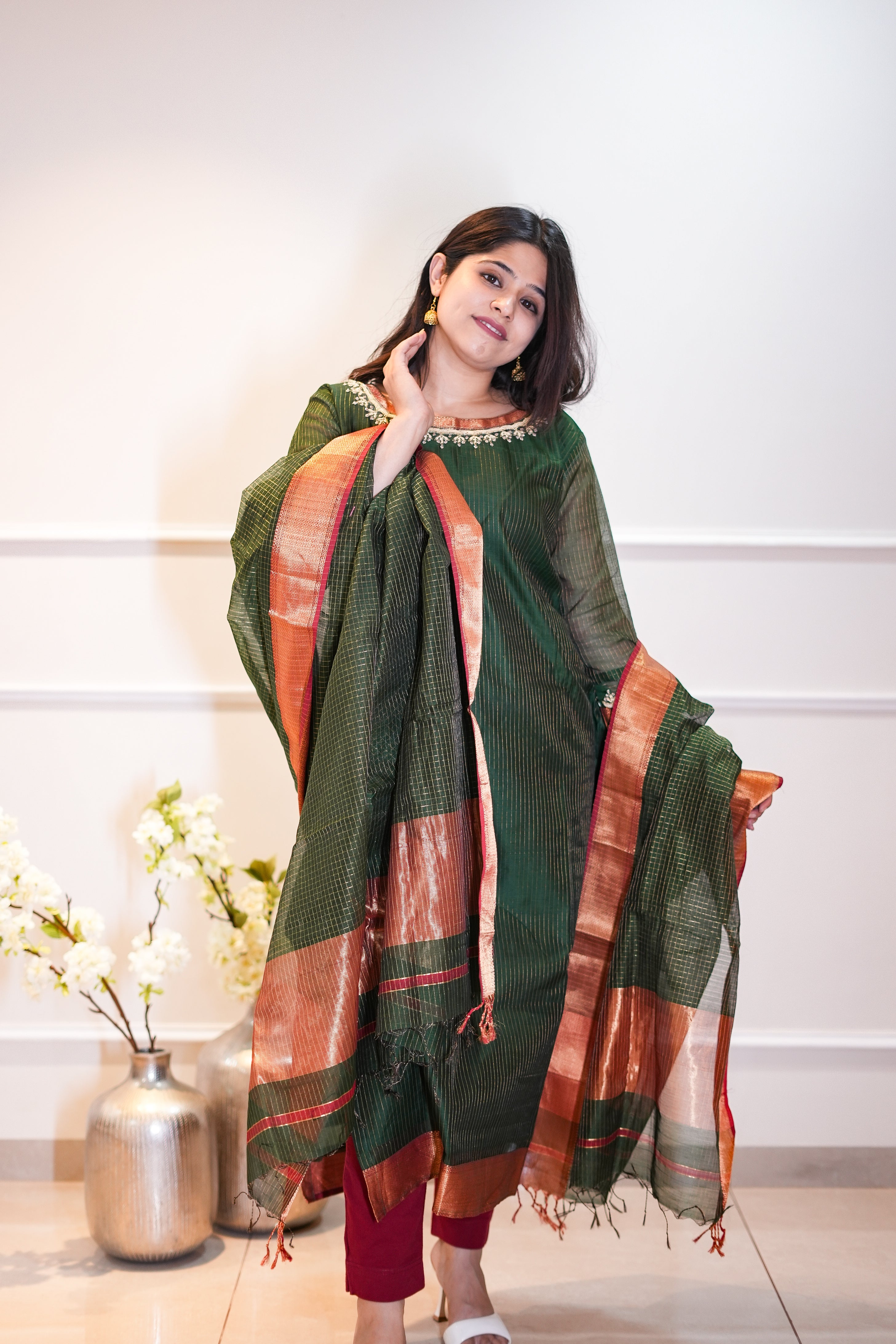 Deep Green Kurta & Dupatta with Zari Detailing & Neckline with Handwork
