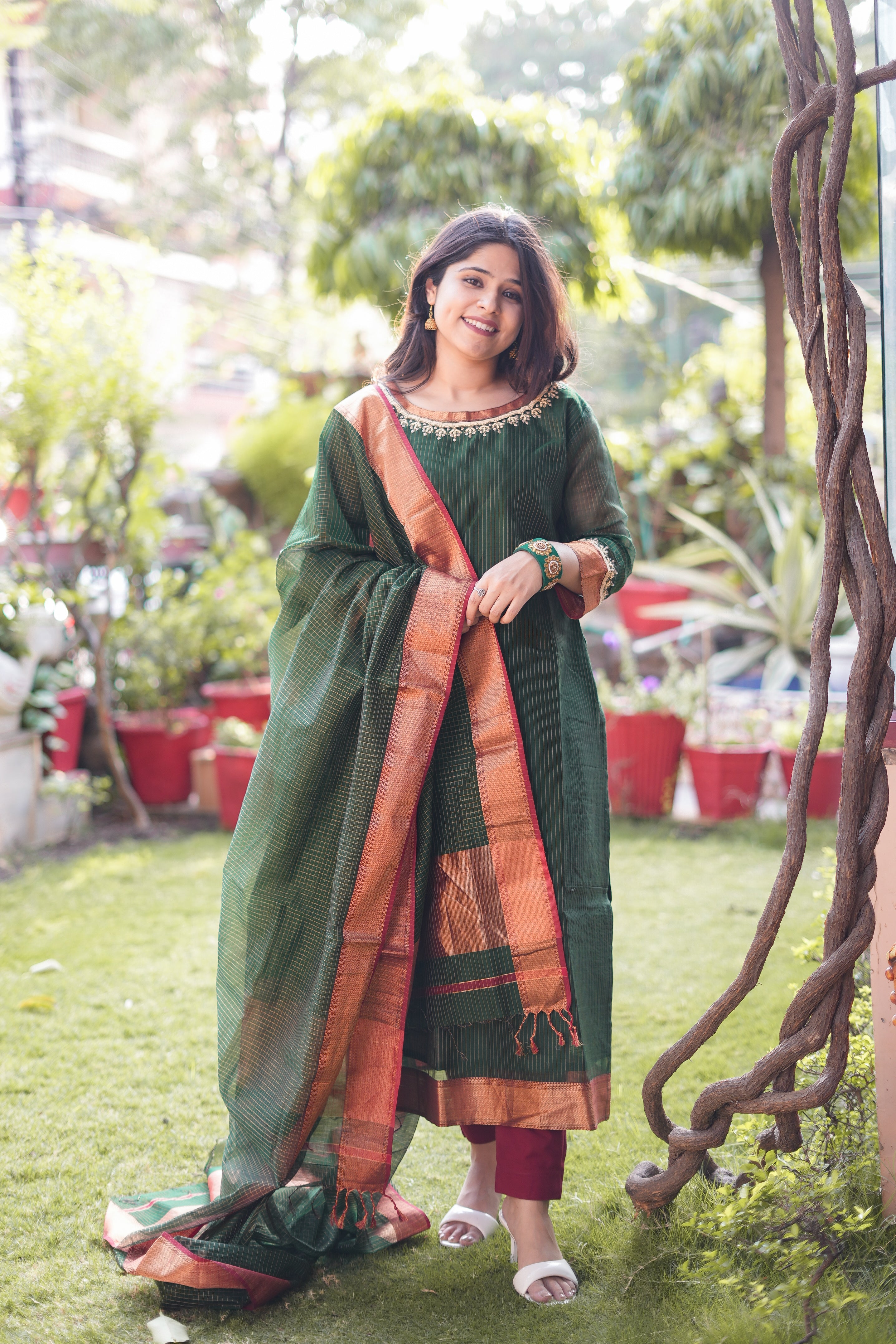 Deep Green Kurta & Dupatta with Zari Detailing & Neckline with Handwork