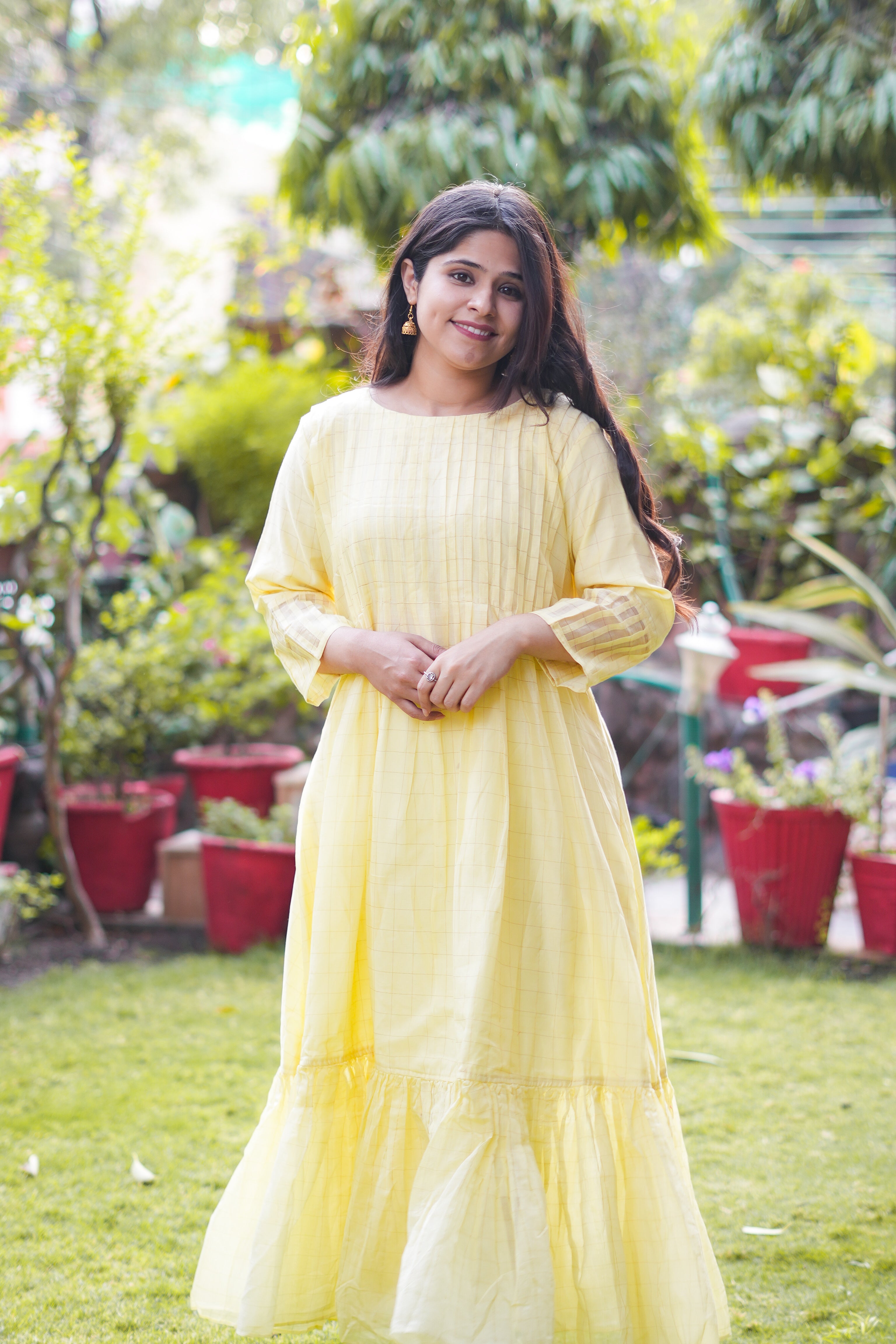 Yellow Long Kurta with Subtle Zari Checks