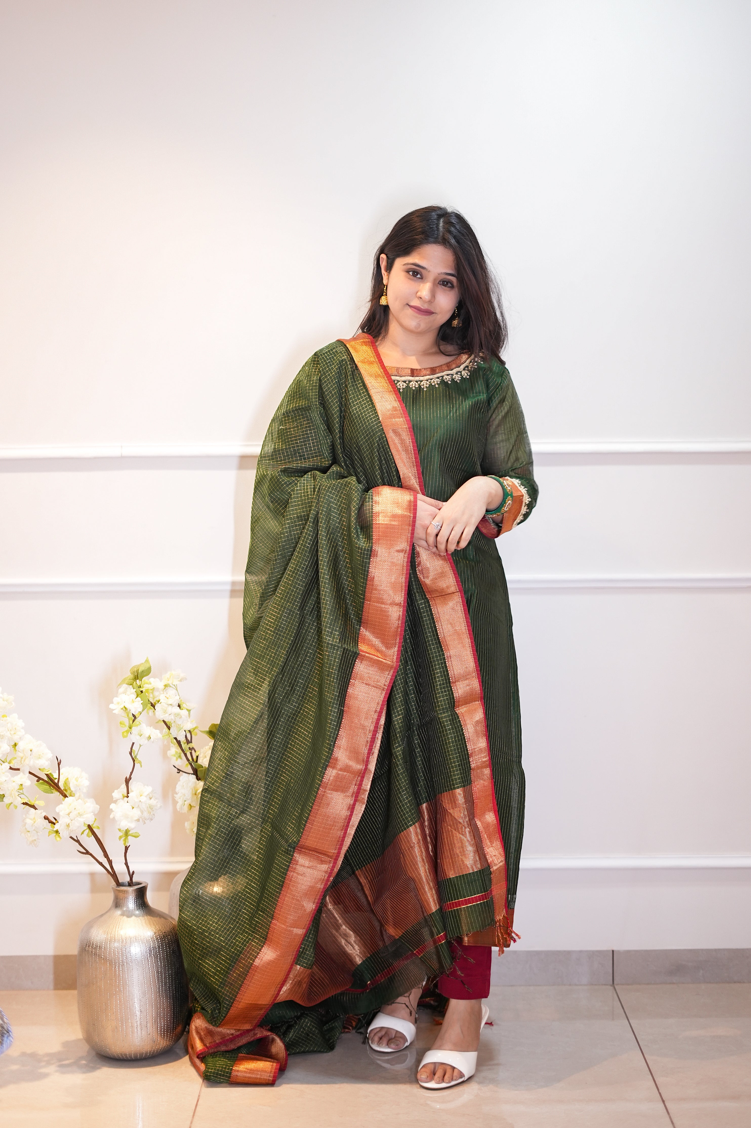 Deep Green Kurta & Dupatta with Zari Detailing & Neckline with Handwork