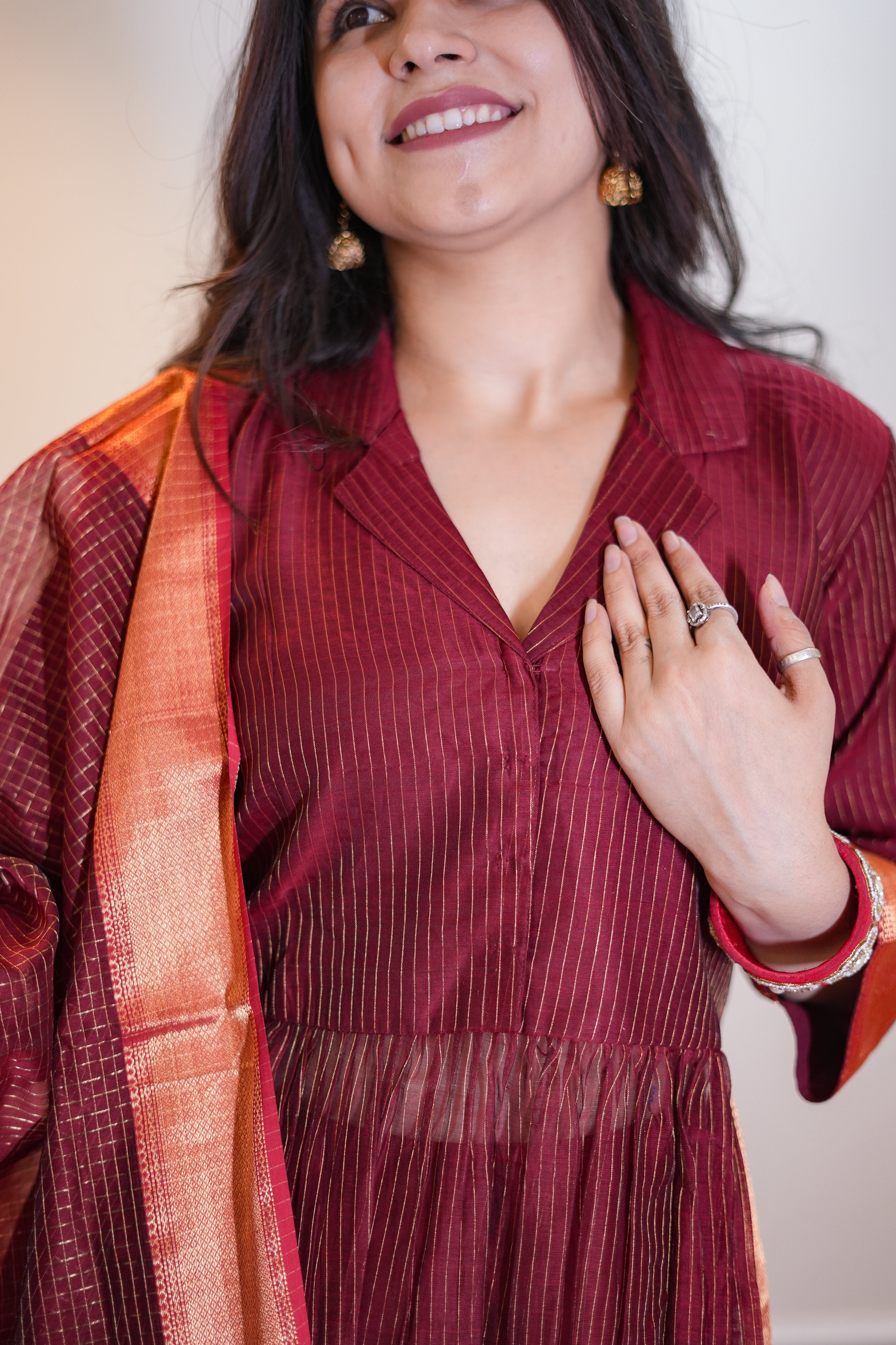 Maroon Kurta & Dupatta Set with Zari Checks and Contrast Border