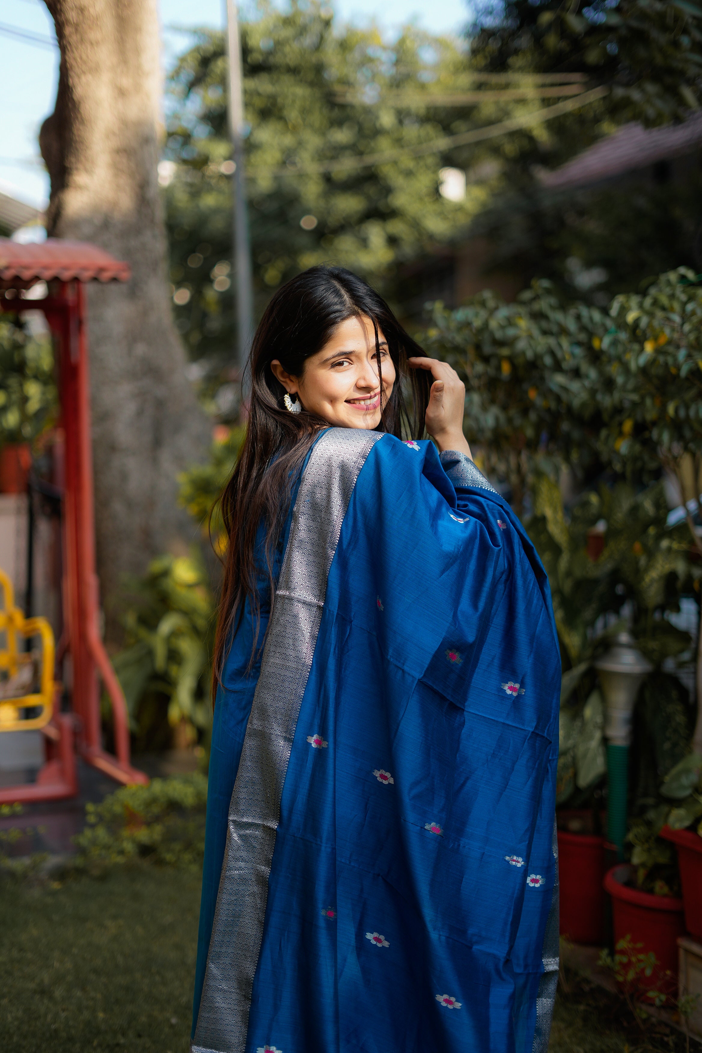 Royal Blue & Silver Maheshwari Tissue Kurta & Dupatta