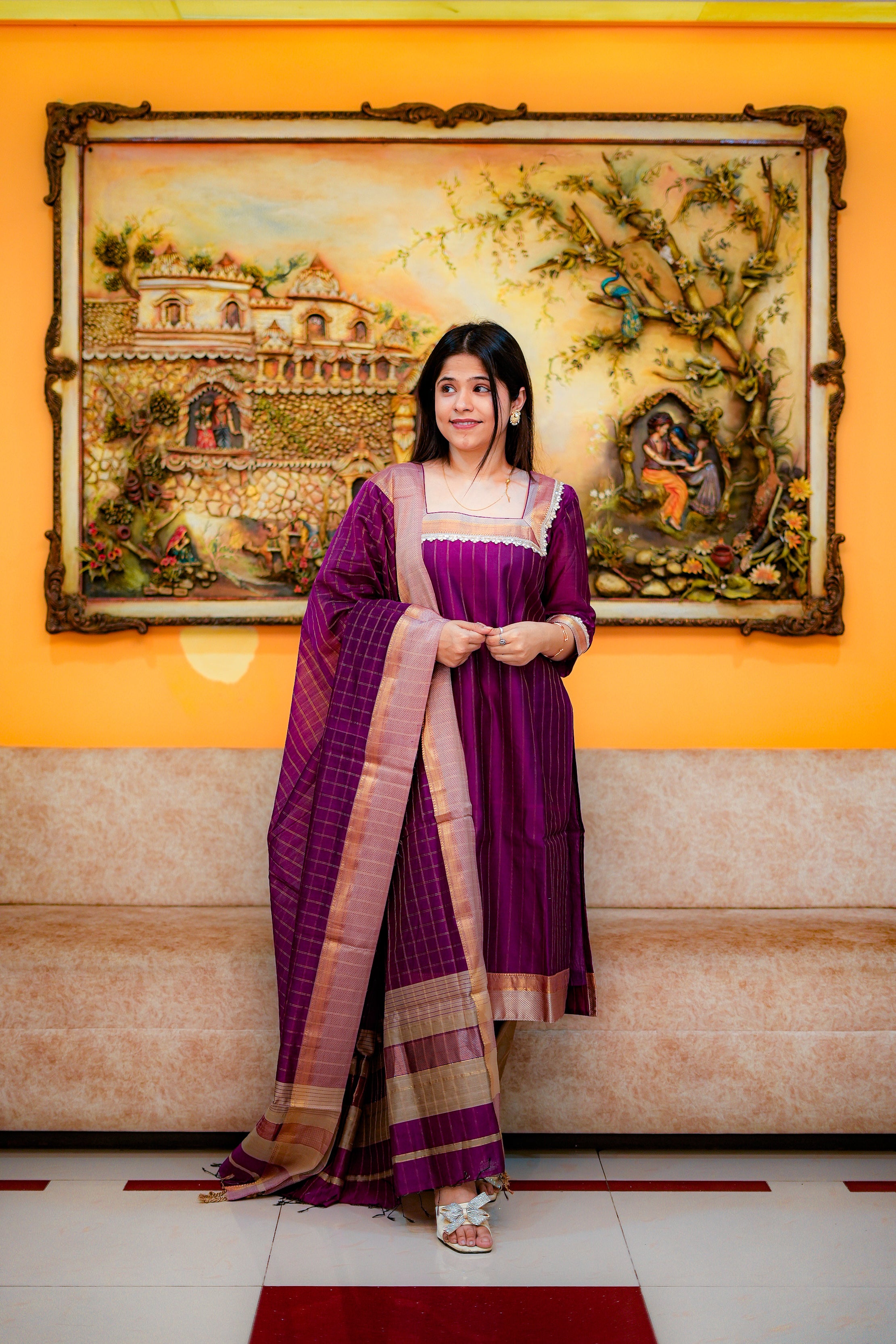 Magenta-Pink Maheshwari Handwoven Kurta & Dupatta