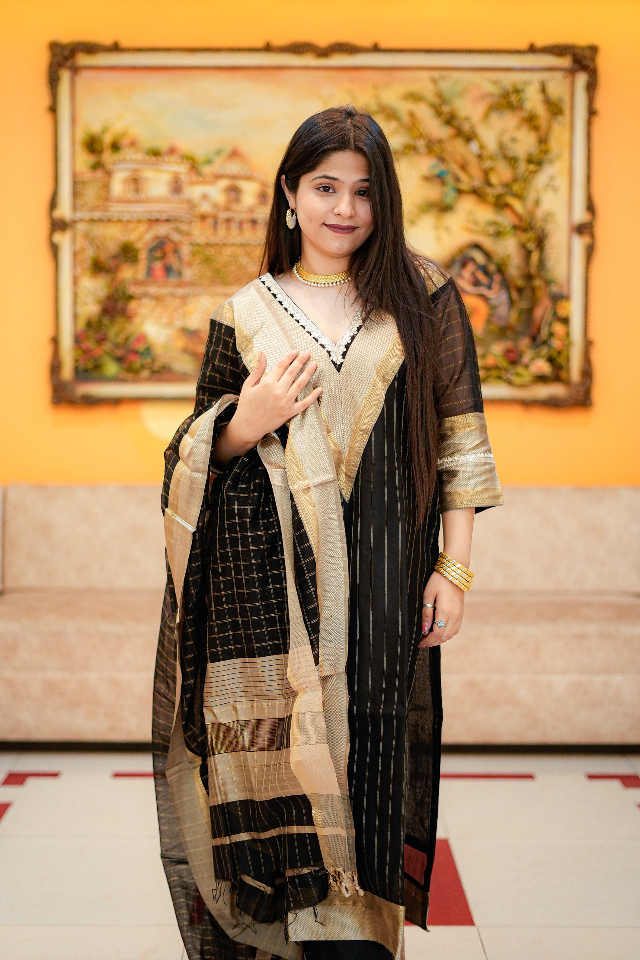 Black & Gold Maheshwari Kurta & Dupatta Set