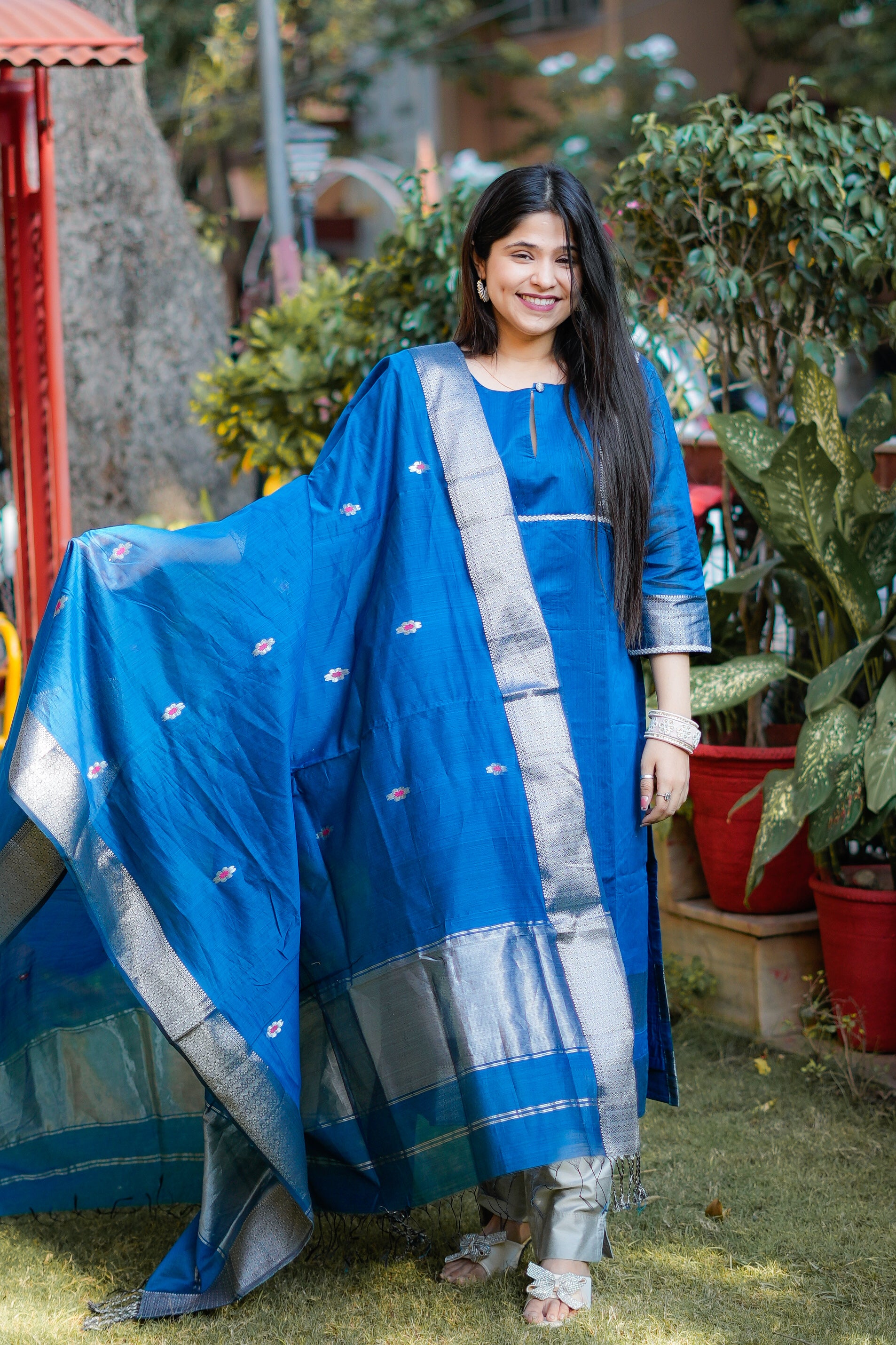 Royal Blue & Silver Maheshwari Tissue Kurta & Dupatta
